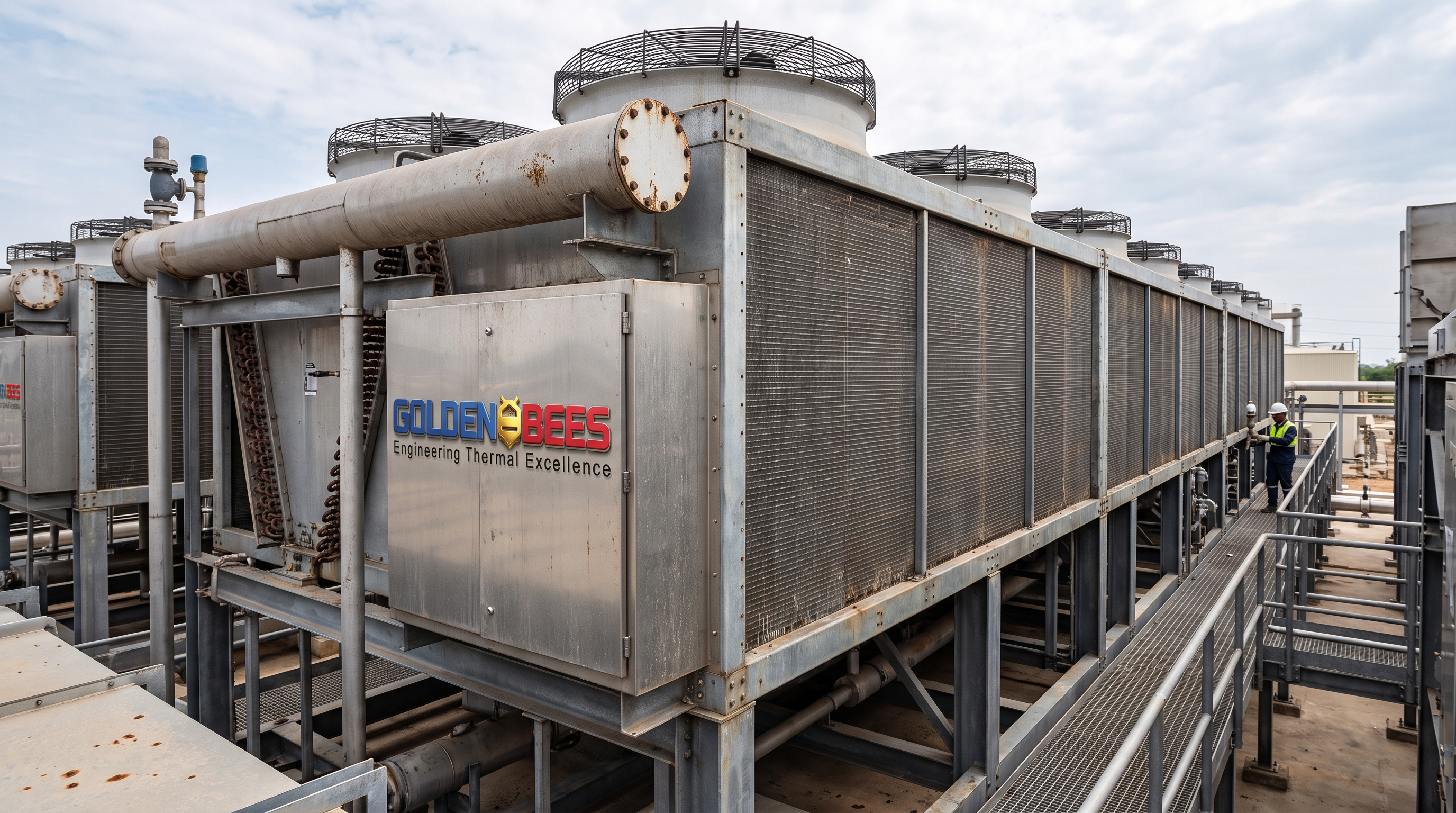 AI Design for Create a premium **ultra-photorealistic industrial photograph** for a corporate website service tile representing **Air-Cooled Condensers**.

Show a large industrial air-cooled condenser / dry cooler installation in a real-world process, power, HVAC, or industrial facility where water conservation is important. Feature realistic finned heat-exchanger coils, large axial fans, fan guards, steel support structures, headers, piping, access platforms and electrical components. The equipment should look genuinely manufactured, installed and operational — not like a CGI product render.

**Use the attached Golden Bees / GBGCC logo for branding.** Integrate the attached logo naturally and accurately on the equipment housing, structural signage, or another realistic industrial surface. Preserve the exact logo design, proportions and colors. Do not redesign, distort, duplicate excessively, or create another logo.

People should be **completely absent or extremely minimal**. If needed for scale, include only one tiny distant technician seen from behind or partially obscured, with no visible facial identity. The machinery must remain the clear visual subject.

Composition: cinematic 3/4 perspective, strong industrial scale, detailed equipment foreground, realistic facility depth, clean visual hierarchy, and subtle negative space suitable for website text overlay.

Lighting should look like an authentic professional industrial photograph — realistic daylight or facility lighting, physically accurate metal reflections, natural shadows, subtle atmospheric depth, realistic dust/weathering and small manufacturing imperfections.

Avoid excessive steam, artificial smoke, glowing effects, futuristic equipment, exaggerated reflections, perfectly sterile surfaces, dramatic fantasy lighting, floating components, generic stock-photo aesthetics, obvious CGI, or AI-generated artifacts.

**Real-camera appearance, ultra-photorealistic documentary industrial photography, technically authentic engineering environment, premium corporate aesthetic, physically accurate equipment, natural textures and imperfections.**