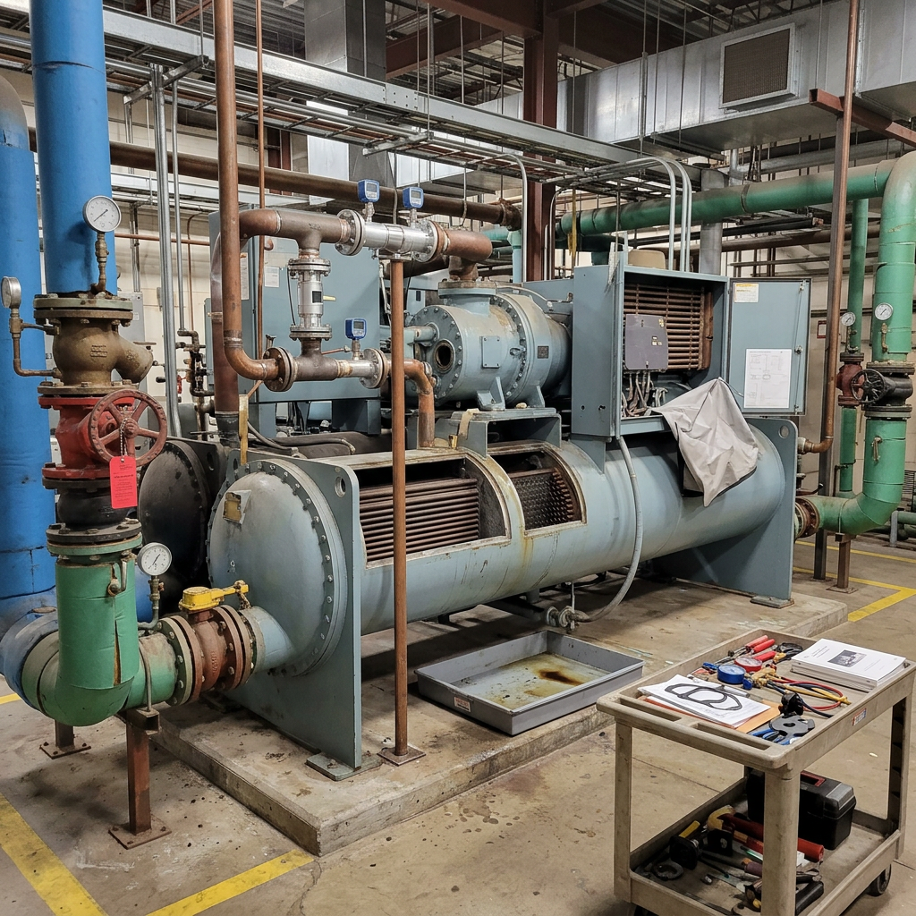 AI Design for Create a highly photorealistic **documentary-style industrial engineering photograph** showing a large **industrial heating and cooling equipment system undergoing professional maintenance and upgrade** inside a real operating plant or mechanical facility.

Show a substantial industrial chiller, heat-pump, boiler or central thermal-system installation with service panels open and selected components exposed for maintenance. Clearly show realistic chilled-water or hot-water piping, isolation valves, pumps, strainers, gauges, control panels, electrical connections, insulation and mechanical supports. Include a newly upgraded section of the system integrated naturally with existing equipment, showing realistic replacement piping, modern valves, instrumentation or control components alongside older equipment.

The scene should communicate **planned maintenance and system upgrading** through believable details: removed access panels, organized replacement components, service tools, diagnostic instruments, temporary isolation points, drip trays, maintenance covers and clearly separated new and existing components. Equipment should appear operationally maintained rather than destroyed or heavily damaged.

The site must look like a **genuine working industrial plant**, with realistic concrete or metal flooring, structural steel, pipe racks, cable trays, drainage channels, minor dust, subtle oil or grease marks, surface scratches, weathered paint, insulation imperfections and naturally accumulated industrial wear. Include realistic constraints such as limited service space, existing pipework and surrounding plant infrastructure. Keep everything professionally maintained and organized, but never showroom-perfect.

Use natural industrial lighting, realistic shadows and reflections, authentic steel, aluminum, copper, rubber, insulation and painted-metal textures. Natural camera perspective, believable equipment scale, subtle photographic imperfections and documentary engineering photography. Premium but understated composition suitable for a corporate service webpage.

**Strict requirements:** no humans, no workers, no mannequins, no hands, no text, no logos, no brand names, no readable labels, no futuristic machinery, no impossible pipe routing, no floating components, no excessive cleanliness, no dramatic explosions, no exaggerated steam or smoke, no artificial symmetry, no theatrical cinematic lighting, no CGI, no 3D-rendered appearance.

The final image must look like an **authentic photograph taken during professional planned maintenance and equipment upgrading at a real industrial heating and cooling facility**, with technically accurate equipment, genuine site conditions and believable maintenance details.