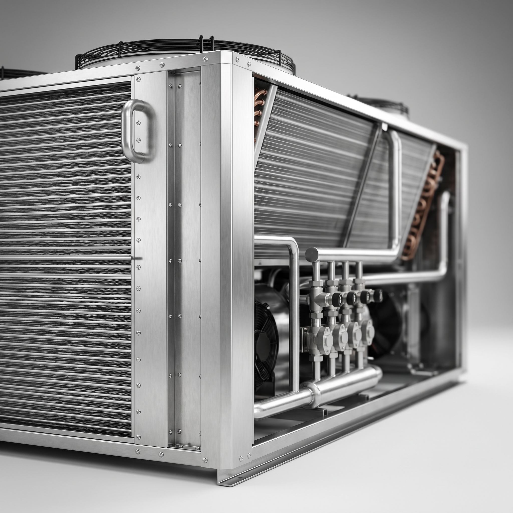 AI Design for Professional studio product photography of a {{product:Evaporative Condensers}}, captured with crisp industrial lighting against a clean, neutral gradient background. Focus on the intricate metallic textures, polished steel surfaces, and precision engineering details, utilizing a shallow depth of field to emphasize the structural complexity. High-resolution, sharp focus, commercial aesthetic suitable for a technical catalog or website hero banner.