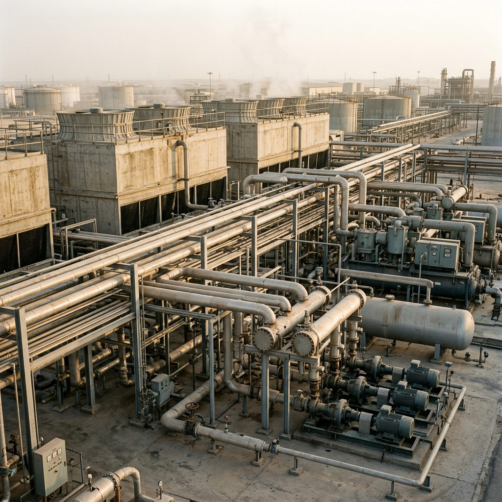 AI Design for Create a highly photorealistic documentary-style photograph of a large real industrial thermal engineering facility showing a complete interconnected heating and cooling system. Include industrial cooling towers, chillers, shell-and-tube heat exchangers, pumps, large process piping, valves, pipe racks, instrumentation and structural steel infrastructure arranged in technically accurate configurations. Wide establishing composition that communicates large-scale industrial thermal engineering and system integration. Real Saudi/Gulf-region industrial environment where naturally appropriate, with realistic dust, weathering, concrete, metal surfaces, minor stains and genuine site imperfections. Natural daylight, realistic scale, authentic materials, documentary industrial photography. No humans, no text, no logos, no CGI, no 3D-rendered appearance, no futuristic equipment, no impossible piping, no excessive cleanliness. The final image must look like a genuine photograph of a real operating industrial thermal facility.