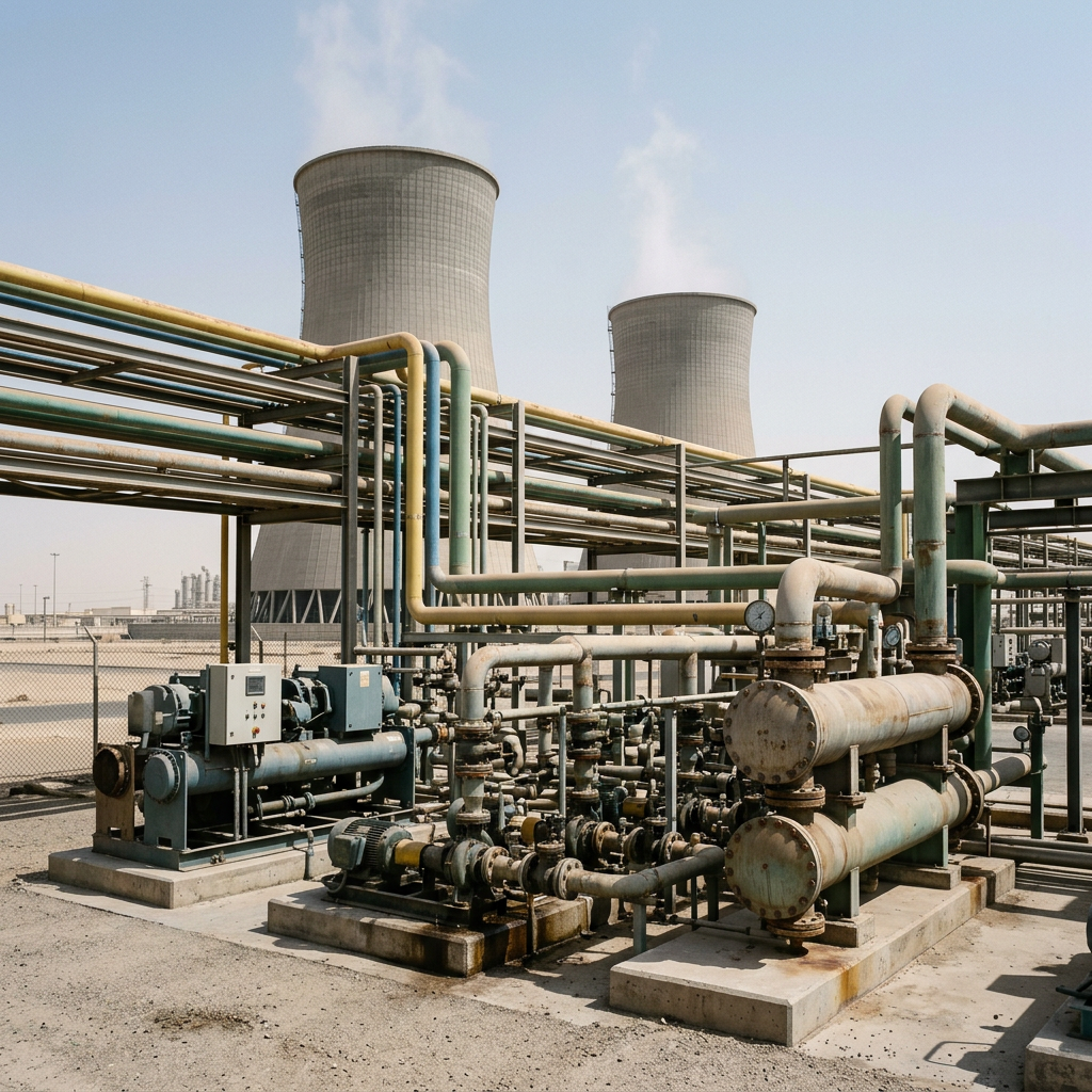 AI Design for Create a highly photorealistic documentary-style photograph of a large real industrial thermal engineering facility showing a complete interconnected heating and cooling system. Include industrial cooling towers, chillers, shell-and-tube heat exchangers, pumps, large process piping, valves, pipe racks, instrumentation and structural steel infrastructure arranged in technically accurate configurations. Wide establishing composition that communicates large-scale industrial thermal engineering and system integration. Real Saudi/Gulf-region industrial environment where naturally appropriate, with realistic dust, weathering, concrete, metal surfaces, minor stains and genuine site imperfections. Natural daylight, realistic scale, authentic materials, documentary industrial photography. No humans, no text, no logos, no CGI, no 3D-rendered appearance, no futuristic equipment, no impossible piping, no excessive cleanliness. The final image must look like a genuine photograph of a real operating industrial thermal facility.