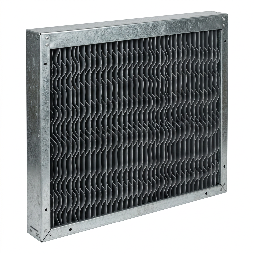 AI Design for Cut-outs need this instead of a ground: isolated on a pure white background, no shadow, no scene, no surface.

A rectangular framed drift eliminator panel in a galvanised steel frame,
    viewed at a slight angle, with the wave-profile PVC blades set inside it.