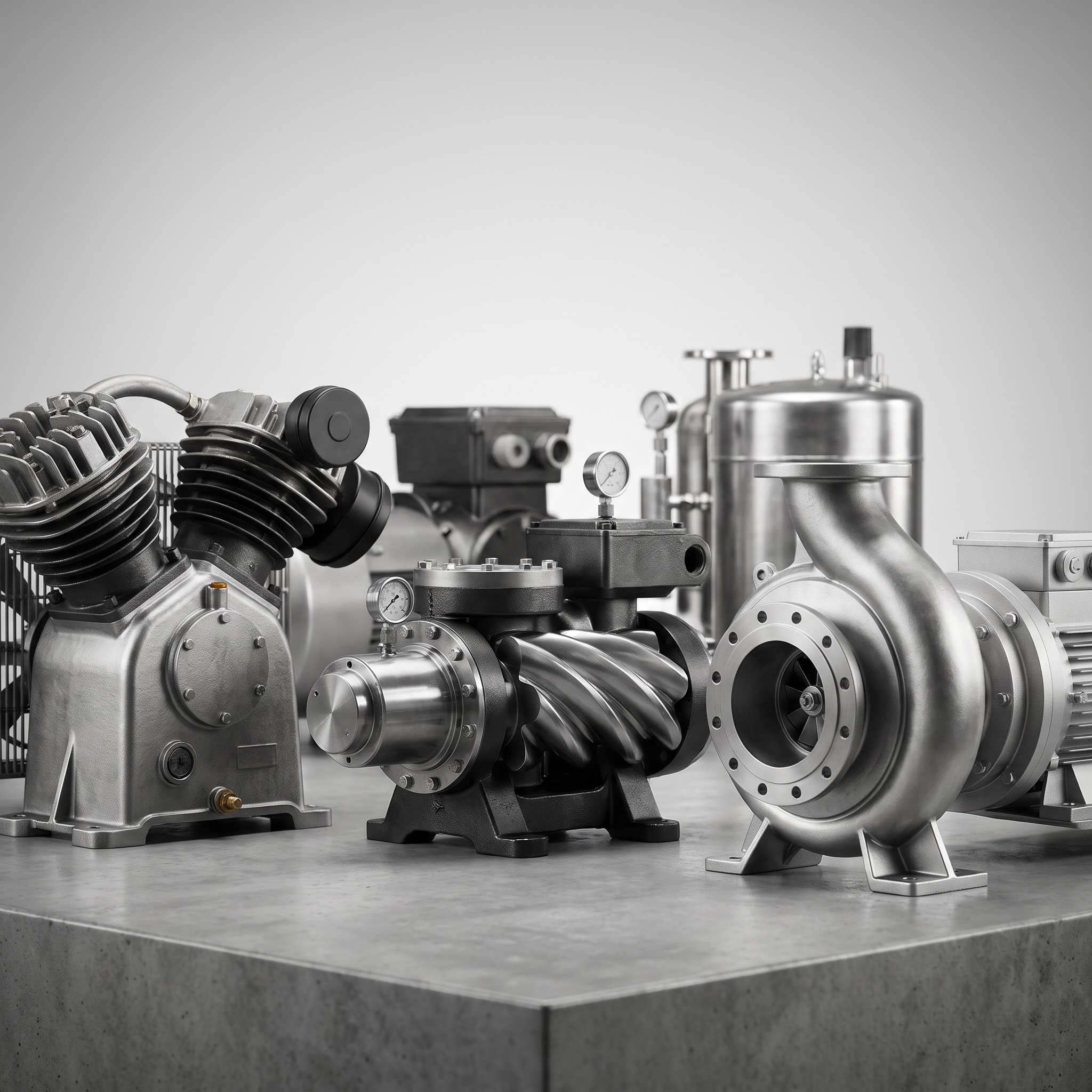 AI Design for Professional studio product photography of {{product:Reciprocating, screw and centrifugal compressors for refrigeration, process gas and industrial applications. Supply, installation and full lifecycle support.
Cast Iron
Carbon Steel
Stainless Steel
Aluminium}}, captured with crisp industrial lighting against a clean, neutral gradient background. Focus on the intricate metallic textures, polished steel surfaces, and precision engineering details, utilizing a shallow depth of field to emphasize the structural complexity and commercial aesthetic.