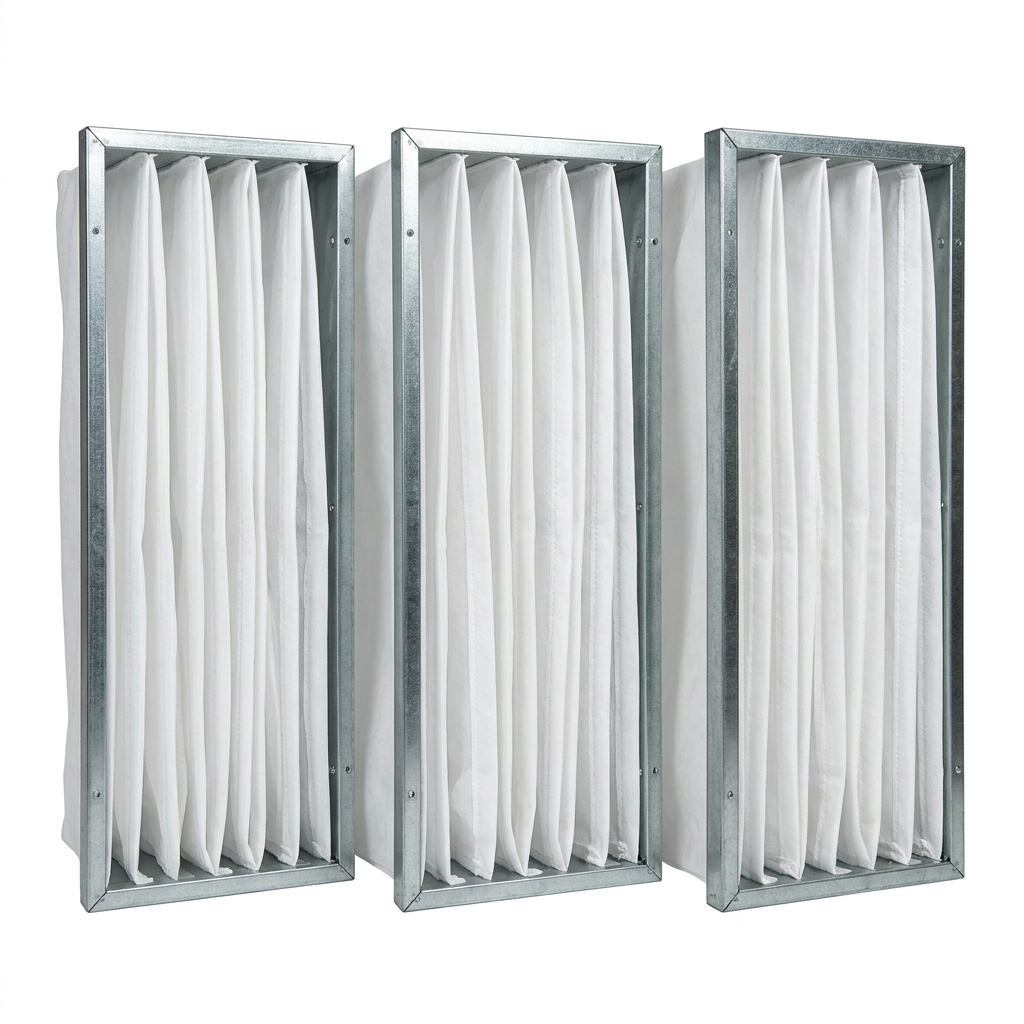AI Design for Cut-outs need this instead of a ground: isolated on a pure white background, no shadow, no scene, no surface.

 Three HVAC pocket filters (bag filters) standing upright side by side, with
    white synthetic pockets hanging from galvanised header frames.