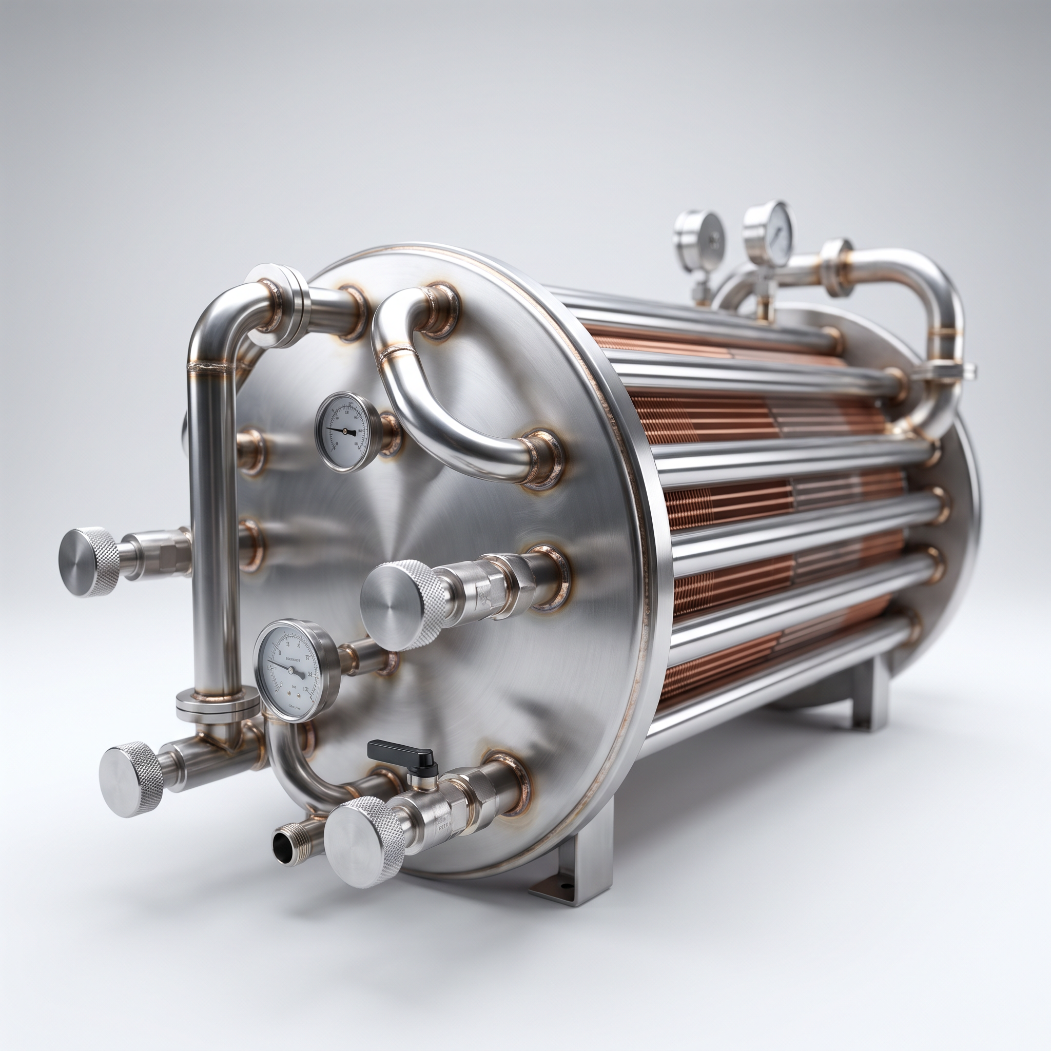 AI Design for Professional studio product photography of a {{product:Evaporators}}, captured with crisp industrial lighting against a clean, neutral gradient background. Focus on the intricate metallic textures, polished steel surfaces, and precision engineering details, utilizing a shallow depth of field to emphasize the structural complexity. High-resolution, sharp focus, commercial aesthetic suitable for a technical catalog or website hero banner.