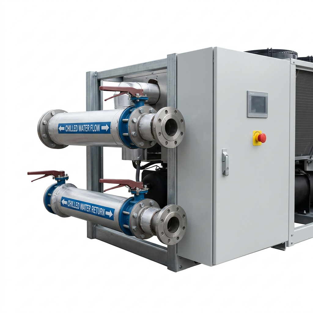 AI Design for Cut-outs need this instead of a ground: isolated on a pure white background, no shadow, no scene, no surface.

The connection end of a packaged air-cooled water chiller, showing the
    flanged chilled-water flow and return headers, isolating valves and a closed
    control panel door.