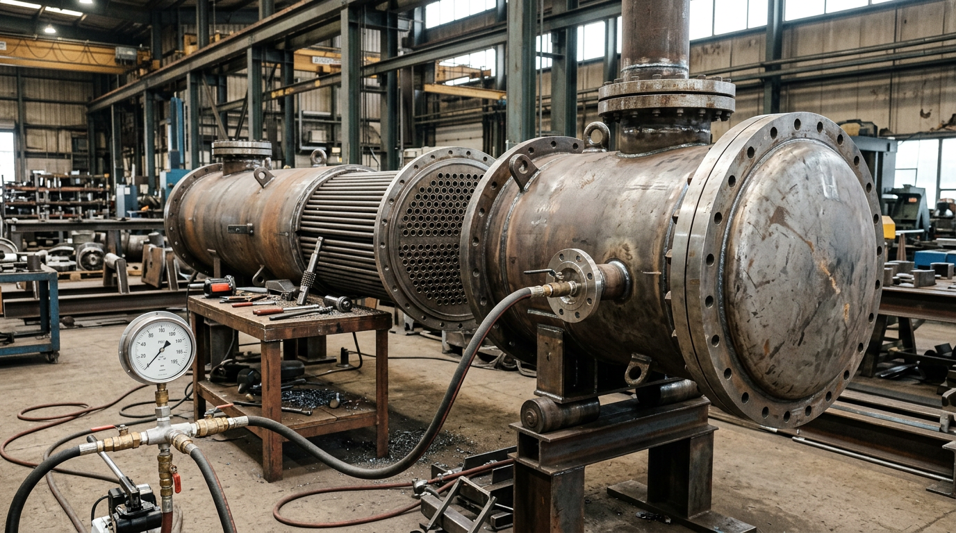 AI Design for Create a photorealistic industrial engineering photograph showing a large horizontal **Shell & Tube Heat Exchanger** during fabrication and inspection inside a real heavy-industrial workshop. Clearly show the cylindrical carbon-steel shell, large flanged end covers, tube-sheet assembly and accurately arranged internal heat-transfer tubes, with realistic welds, bolted flanges, lifting supports and fabrication tooling. Include a partially exposed tube bundle to demonstrate re-tubing/repair work and a realistic hydrostatic pressure-testing setup with test hoses and pressure gauge connected to the exchanger. Natural workshop lighting, authentic metal textures, slight surface imperfections, realistic scale and industrial environment, documentary photography, technically accurate equipment and procedures, neutral composition suitable for a premium engineering website hero/service image. No humans, no workers, no text, no logos, no futuristic elements, no exaggerated cleanliness, no CGI appearance, no artificial symmetry, no fantasy machinery, no visible safety-gear mannequins. The result must look like an actual photograph taken at a professional industrial heat-exchanger fabrication facility.