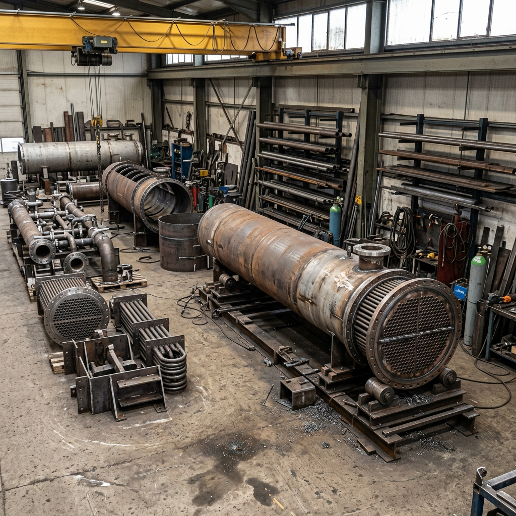 AI Design for Create a highly photorealistic documentary-style photograph inside a genuine heavy industrial fabrication workshop specializing in thermal engineering equipment. Show large shell-and-tube heat exchangers, tube bundles, fabricated steel components, industrial piping sections, cooling equipment components and mechanical assemblies at different stages of fabrication and inspection. Include realistic welding areas, fabrication fixtures, overhead cranes, organized material racks, measurement equipment and partially completed equipment. Authentic industrial floor, dust, metal shavings, weld discoloration, scratches, surface wear and naturally imperfect working conditions. Natural workshop lighting, realistic equipment scale, genuine steel and metal textures, documentary engineering photography. No humans, no workers, no text, no logos, no CGI, no 3D render, no showroom appearance, no artificial symmetry. The result must look like an authentic photograph taken inside a professional industrial fabrication facility.