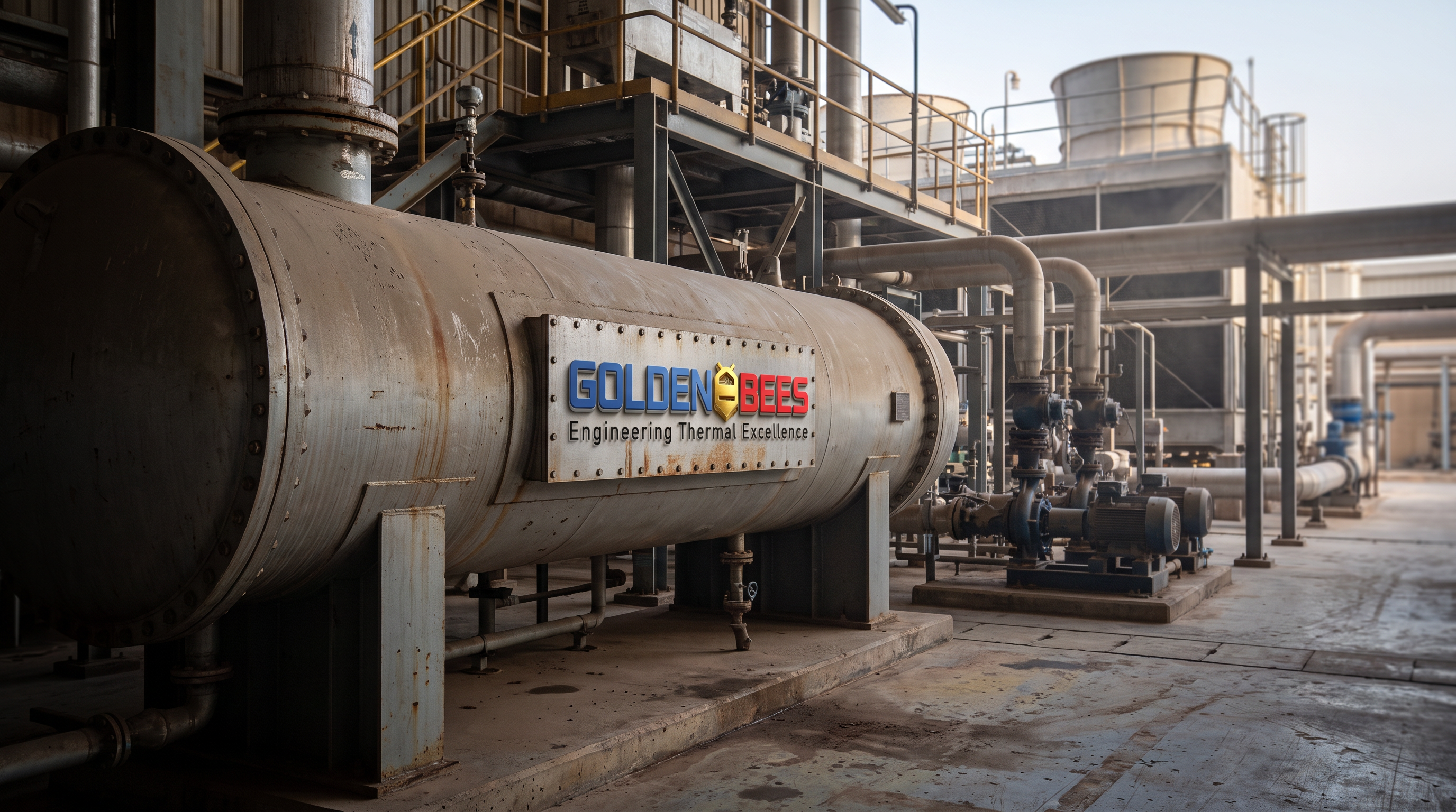 AI Design for A genuine photograph taken during a normal site visit at a large industrial thermal engineering facility in Saudi Arabia. A large shell-and-tube heat exchanger occupies the foreground while real cooling equipment, industrial pipework, pumps, valves, structural steel and service platforms continue naturally into the background. The equipment is installed as part of a real working plant, with believable connections, access clearances and infrastructure rather than equipment arranged for display.

Photograph from approximately human eye level using a realistic full-frame camera perspective. Natural afternoon daylight entering the facility, ordinary industrial ambient lighting, realistic exposure and naturally uneven illumination. Slight atmospheric dust, concrete floor marks, faded paint, small scratches, weathered galvanized steel, minor stains and other subtle signs of genuine industrial use. Nothing is perfectly clean or perfectly symmetrical.

The composition should feel incidental and authentic, as though an industrial photographer documented an actual Golden Bees project during a routine site visit. Keep the foreground and central equipment detailed while allowing the background to naturally fall into softer focus. Leave clean darker negative space toward the left side for website typography.

Integrate the **attached Golden Bees logo** naturally onto an existing equipment panel or facility identification surface. Use the supplied logo exactly; make it appear physically printed, painted or applied to the surface with realistic perspective, lighting and material interaction.

Authentic industrial photography. Real equipment. Real materials. Real site conditions. Natural camera exposure. Subtle lens imperfections. Physically believable geometry.

Do not create a render, illustration, concept image, architectural visualization or advertising composite. No humans, no workers, no mannequins, no hands, no text, no invented signage, no futuristic machinery, no dramatic smoke, no excessive steam, no blue/orange cinematic lighting, no HDR, no extreme sharpness, no perfect surfaces, no perfect symmetry, no floating equipment, no impossible pipe connections, no duplicated machinery, no plastic-looking metal, no artificial depth-of-field, no glossy CGI appearance.