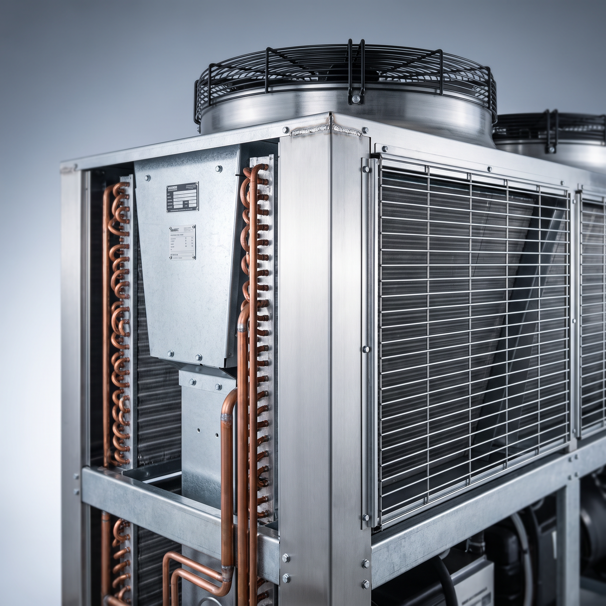 AI Design for Professional studio product photography of a {{product:Dry Coolers
Dry coolers for closed-loop cooling systems where water usage must be minimised. Suitable for data centres, power plants and industrial processes.

Copper
Aluminium Fins
Galvanised Steel
Stainless Steel}}, captured with crisp industrial lighting against a clean, neutral gradient background. Focus on the intricate metallic textures, polished steel surfaces, and precision engineering details, utilizing a shallow depth of field to emphasize the structural complexity. High-resolution, sharp focus, commercial aesthetic suitable for a technical catalog or website hero banner.