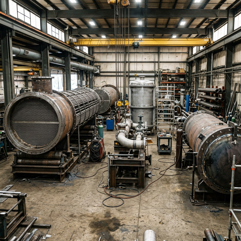 AI Design for Create a highly photorealistic documentary-style photograph inside a genuine heavy industrial fabrication workshop specializing in thermal engineering equipment. Show large shell-and-tube heat exchangers, tube bundles, fabricated steel components, industrial piping sections, cooling equipment components and mechanical assemblies at different stages of fabrication and inspection. Include realistic welding areas, fabrication fixtures, overhead cranes, organized material racks, measurement equipment and partially completed equipment. Authentic industrial floor, dust, metal shavings, weld discoloration, scratches, surface wear and naturally imperfect working conditions. Natural workshop lighting, realistic equipment scale, genuine steel and metal textures, documentary engineering photography. No humans, no workers, no text, no logos, no CGI, no 3D render, no showroom appearance, no artificial symmetry. The result must look like an authentic photograph taken inside a professional industrial fabrication facility.