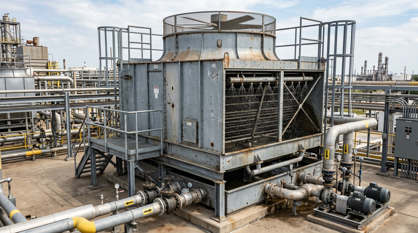 AI Design for Create a photorealistic industrial engineering photograph showing a large **evaporative condenser / closed-circuit cooling tower** installed at a real industrial facility. Clearly show the complete cooling equipment with accurately proportioned casing, axial fan assembly, spray-water distribution system, coil section, drift eliminators, access panels, piping connections and structural supports. Include realistic connected condenser-water and process-water piping, valves, pumps and instrumentation to demonstrate an actual installed and commissioned system. The equipment should appear operational, with subtle natural water spray and airflow effects where technically appropriate. Authentic industrial setting, galvanized steel and painted metal surfaces with realistic wear, joints, fasteners, drainage details and minor environmental imperfections. Natural daylight, documentary industrial photography, realistic perspective and scale, technically accurate engineering configuration, premium but understated composition suitable for a corporate service webpage. No humans, no workers, no mannequins, no text, no logos, no futuristic equipment, no excessive steam or dramatic effects, no impossible piping, no CGI/plastic appearance, no artificial symmetry. The image must look like a genuine photograph taken during installation, commissioning or maintenance of professional evaporative cooling equipment.