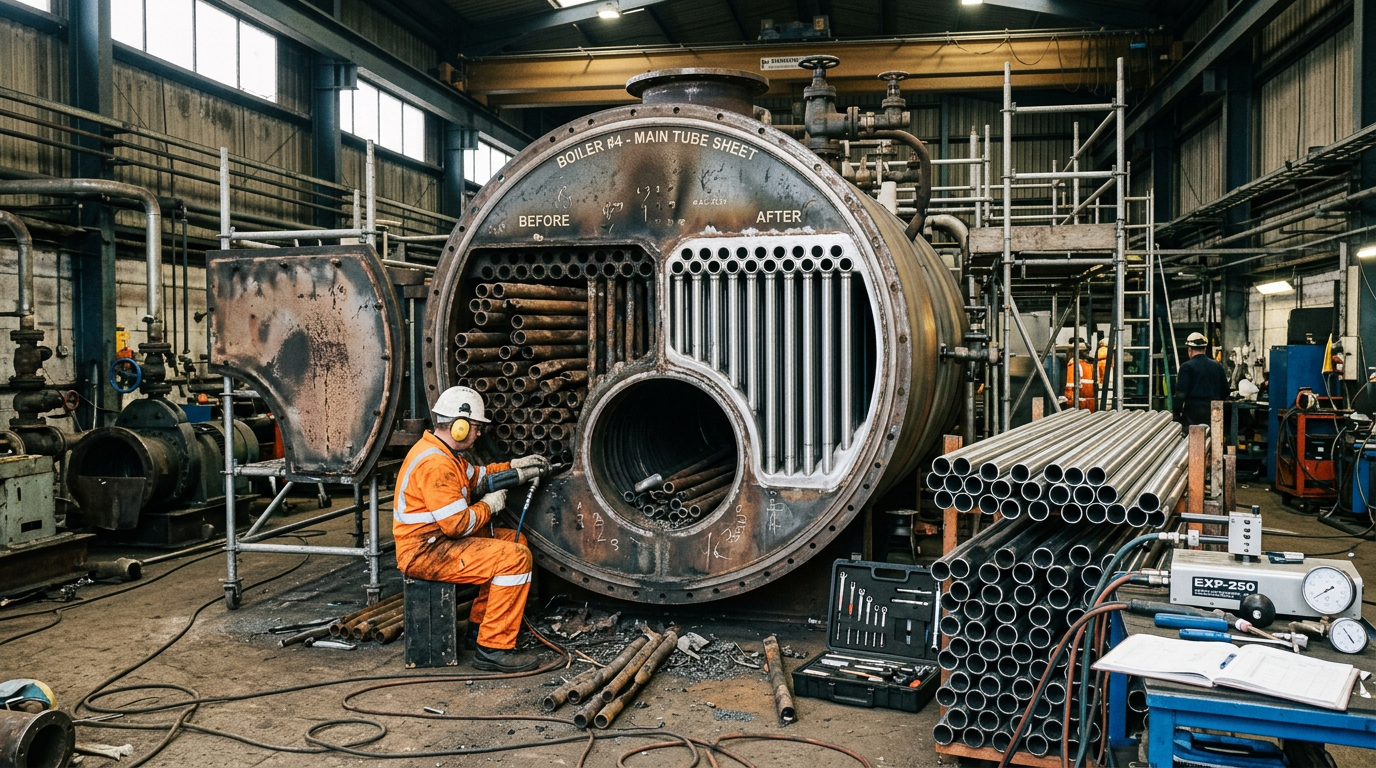 AI Design for An authentic documentary-style industrial engineering photograph capturing a large industrial fire-tube boiler during active tube replacement and inspection inside a working maintenance facility. The massive boiler is opened at the front, exposing the precise tube sheet and internal fire-tube configuration with a section of tubes removed. Pristine replacement tubes rest neatly beside the unit alongside technically accurate maintenance fixtures, tube-expanding equipment, and weld-testing instruments, presented in a clear before-and-after maintenance comparison view. The industrial environment features weathered concrete flooring, overhead rigging, organized tooling, subtle soot and dust deposits, and realistic heat discoloration on the heavy steel surfaces, illuminated by natural overhead lighting that highlights authentic textures and precise industrial geometry without cinematic exaggeration.