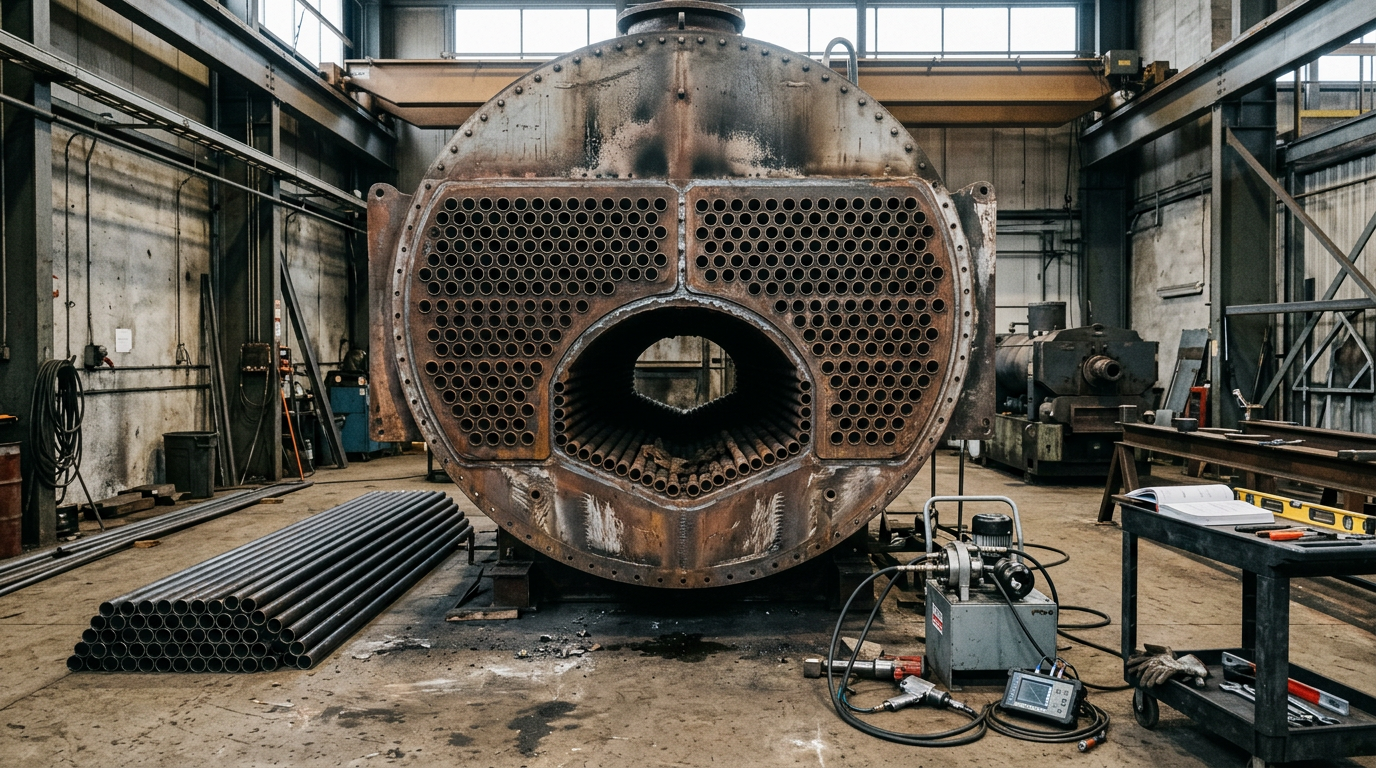 AI Design for An authentic documentary-style industrial engineering photograph capturing a large industrial fire-tube boiler during active tube replacement and inspection inside a working maintenance facility. The massive boiler is opened at the front, exposing the precise tube sheet and internal fire-tube configuration with a section of tubes removed. Pristine replacement tubes rest neatly beside the unit alongside technically accurate maintenance fixtures, tube-expanding equipment, and weld-testing instruments. The industrial environment features weathered concrete flooring, overhead rigging, organized tooling, subtle soot and dust deposits, and realistic heat discoloration on the heavy steel surfaces. Natural overhead lighting illuminates the authentic textures, scratches, and manufacturing marks without cinematic exaggeration. Captured from a balanced eye-level perspective emphasizing realistic scale, precise industrial geometry, and an understated corporate engineering aesthetic, completely devoid of humans or branding.