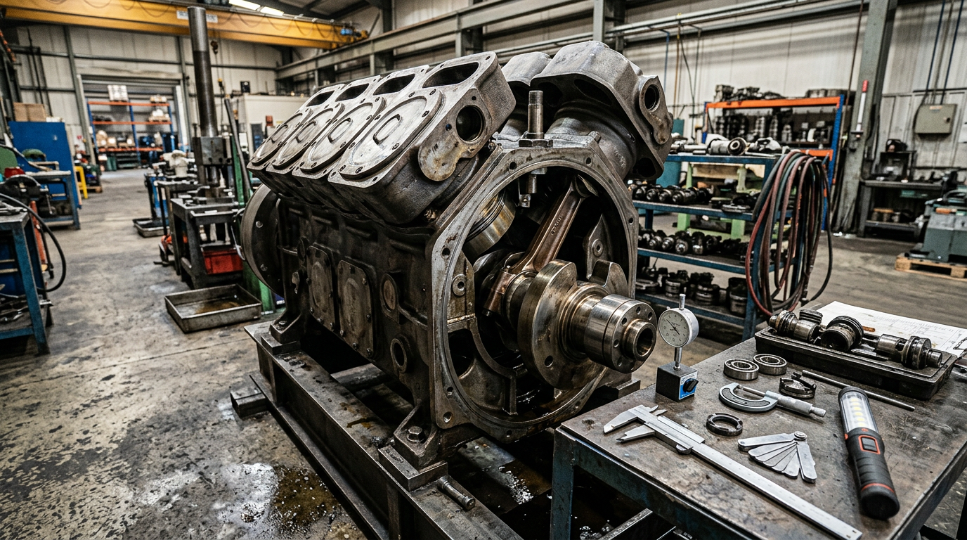 AI Design for Create a highly photorealistic **documentary-style industrial engineering photograph** showing a large **industrial reciprocating compressor during the inspection stage of a professional overhaul** inside a real compressor maintenance workshop.
The compressor should be safely shut down and partially disassembled, with the cylinder head and selected inspection covers removed to reveal accurately engineered internal components such as valves, piston assembly, connecting rod and crankcase areas. Show the removed components carefully placed on a clean but realistically used inspection bench beside the compressor. Include technically appropriate precision inspection equipment such as a vernier caliper, micrometer, dial indicator, feeler gauges and inspection lighting, positioned naturally as part of the inspection process. Components should show realistic signs of service wear, including light oil residue, minor surface discoloration, machining marks and normal industrial use.
The workshop must look like a **genuine compressor overhaul facility**, with concrete or industrial flooring, overhead lifting equipment, maintenance stands, organized tool storage, component racks, hoses, drip trays and subtle traces of oil and grease. Include realistic imperfections such as small scratches, dust, worn floor markings and slightly weathered surfaces. The environment should be professionally maintained but clearly used for heavy mechanical maintenance—not a spotless showroom.
The compressor must be the dominant subject, photographed at approximately eye level with a natural industrial camera perspective. Use realistic workshop lighting, authentic metal textures, physically accurate proportions, natural shadows and reflections, and subtle depth of field. The image should resemble a genuine photograph taken during a compressor inspection for overhaul—not a marketing render.
**Technical accuracy is critical:** show a believable industrial reciprocating compressor with mechanically correct components and realistic disassembly. Inspection instruments must be appropriate for dimensional and condition assessment. Do not combine reciprocating, screw and centrifugal compressor components into one machine.
**Strict requirements:** no humans, no workers, no mannequins, no hands, no text, no logos, no brand names, no readable labels, no futuristic equipment, no impossible mechanical assemblies, no floating components, no excessive cleanliness, no dramatic cinematic effects, no artificial symmetry, no perfect showroom environment, no CGI, no 3D-rendered appearance.
The final image must look like an **authentic industrial maintenance photograph documenting the inspection stage of a compressor overhaul**, with realistic equipment, realistic wear and genuinely believable workshop conditions.