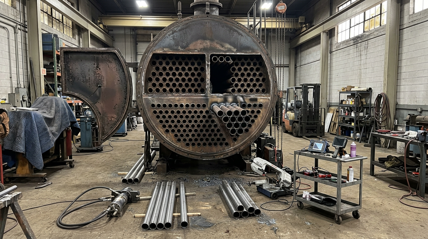 AI Design for Create a highly photorealistic **documentary-style industrial engineering photograph** showing a large industrial **fire-tube boiler during tube replacement and inspection** inside a real boiler maintenance facility.

Show the boiler opened at the front with the tube sheet clearly exposed and a section of boiler tubes removed, revealing accurately arranged tube openings and the internal fire-tube configuration. Include several new replacement tubes positioned beside the boiler, with realistic tube-cutting and preparation equipment, welding/inspection tools, tube-expanding equipment and appropriate maintenance fixtures arranged naturally around the work area. The equipment and tube geometry must be technically accurate for a real industrial boiler.

The facility should look like a genuine working boiler maintenance site with realistic conditions: industrial concrete flooring, overhead lifting equipment, maintenance stands, organized tools, replacement tube materials, protective coverings, hoses, welding equipment, minor soot and dust, light oil or grease marks and natural wear on surrounding surfaces. Keep the workspace professionally managed but visibly used for heavy industrial maintenance—not a spotless showroom.

Focus on the **tube replacement and weld inspection stage**, with realistic inspection instruments and weld-testing equipment positioned near the exposed tube sheet. Include subtle evidence of preventive maintenance such as inspected valves, access covers and service components in the surrounding area without overcrowding the composition.

Use natural industrial lighting, authentic steel and refractory textures, realistic soot deposits, scratches, heat discoloration, weld marks and minor surface imperfections. Accurate scale, natural perspective, realistic shadows and reflections, documentary photography and understated premium composition suitable for a corporate engineering service webpage.

**Strict requirements:** no humans, no workers, no mannequins, no hands, no text, no logos, no brand names, no readable labels, no futuristic machinery, no impossible tube arrangements, no incorrect boiler construction, no floating components, no spotless showroom appearance, no exaggerated sparks or steam, no dramatic cinematic effects, no artificial symmetry, no CGI, no 3D-rendered appearance.

The final image must look like an **authentic photograph captured during professional industrial boiler re-tubing and weld inspection**, with technically accurate equipment, realistic maintenance procedures and genuine working-site conditions.