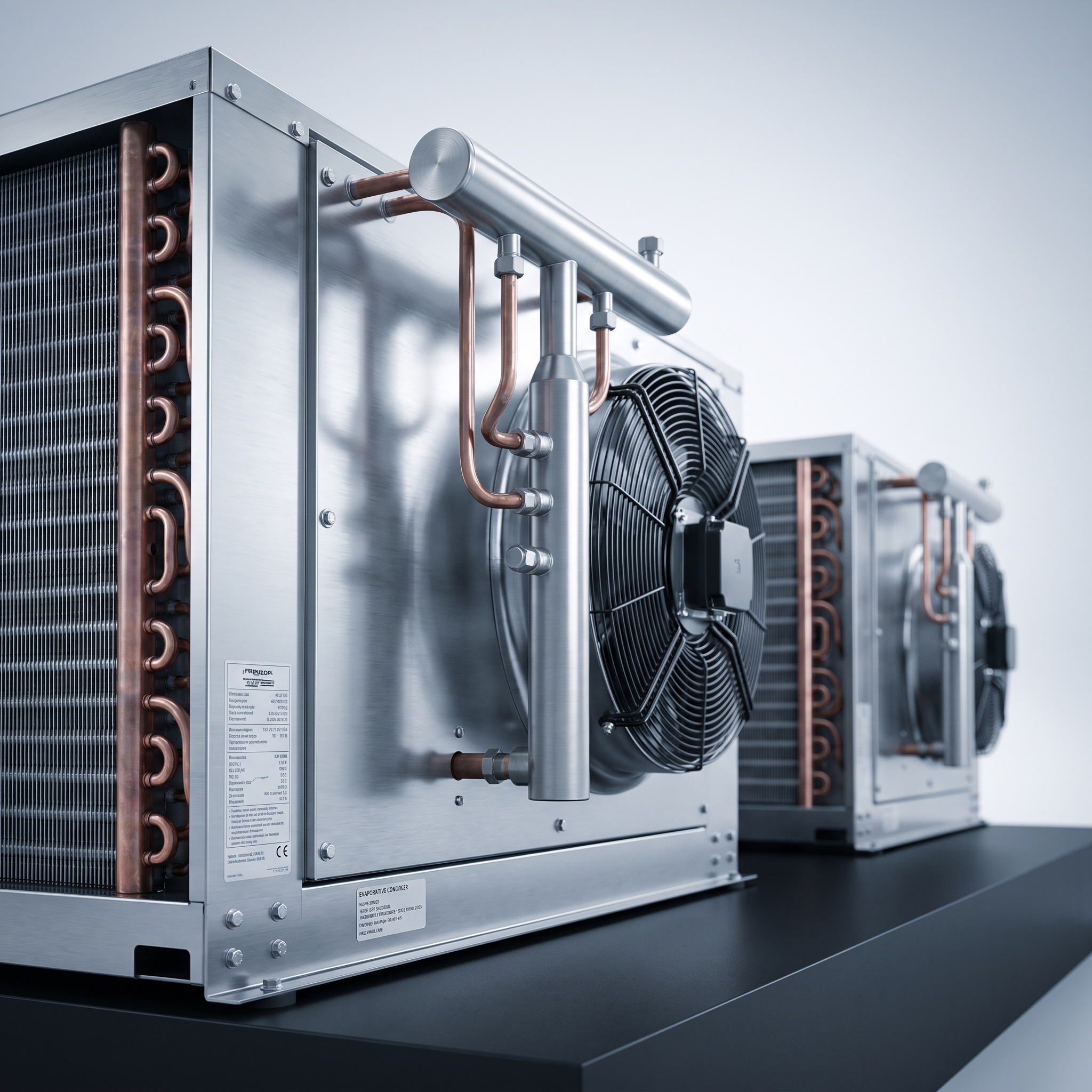 AI Design for Professional studio product photography of a {{product:Evaporative Condensers}}, captured with crisp industrial lighting against a clean, neutral gradient background. Focus on the intricate metallic textures, polished steel surfaces, and precision engineering details, utilizing a shallow depth of field to emphasize the structural complexity. High-resolution, sharp focus, commercial aesthetic suitable for a technical catalog or website hero banner.