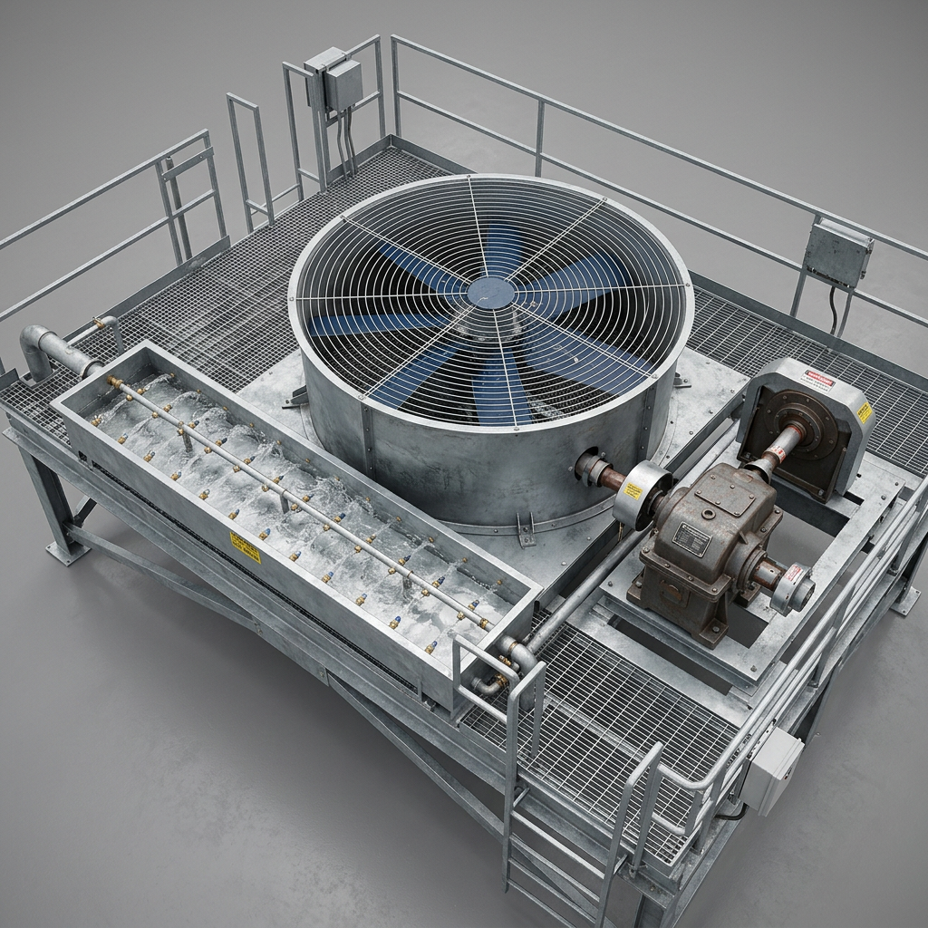 AI Design for The roof deck of a crossflow cooling tower on a plain grey studio ground:
large axial fan in a cylindrical fan cowl with a protective mesh guard, the
gearbox and drive shaft beside it, and the open hot-water distribution basin
with its splash nozzles alongside.