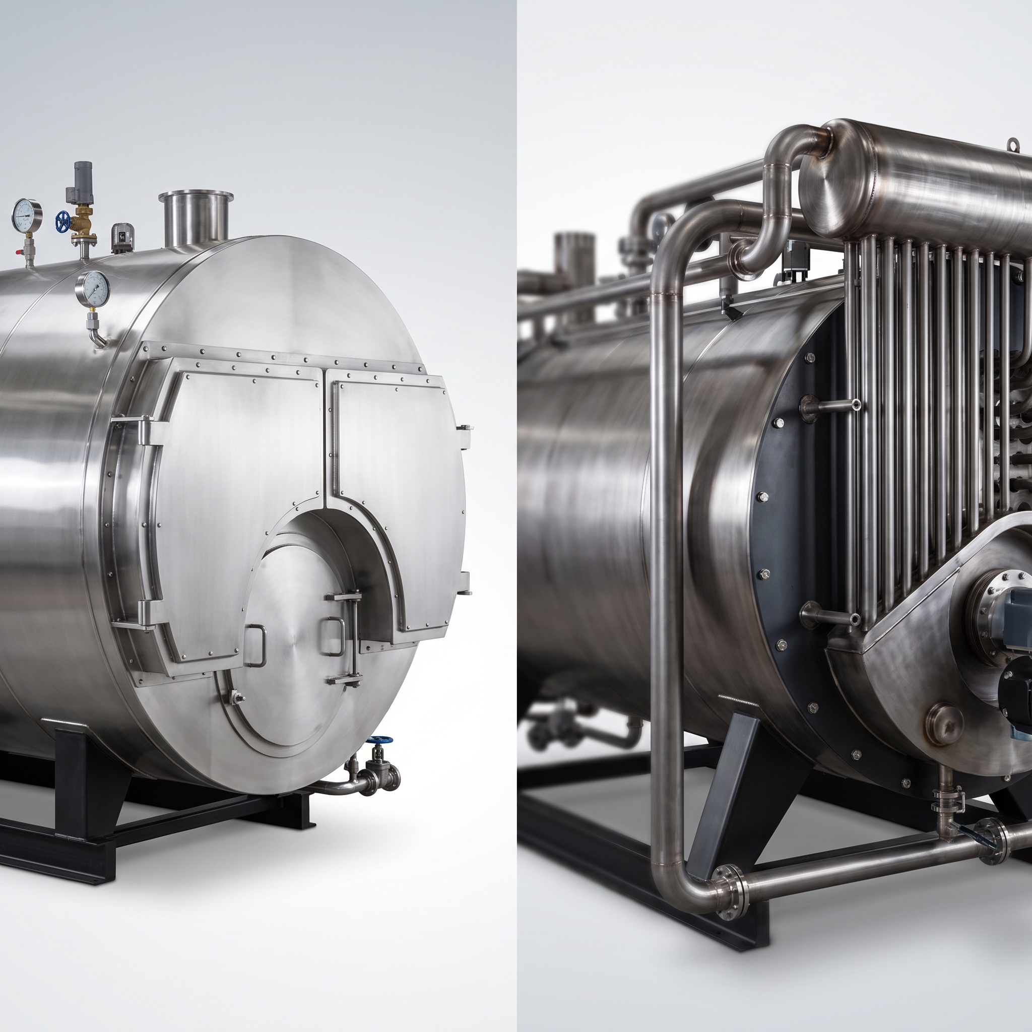 AI Design for Professional product photography of {{product:Boilers
Fire-tube and water-tube boilers for steam generation, process heating and hot water supply. Designed for reliability and long service life.
Carbon Steel
Stainless Steel
Alloy Steel}}, captured with crisp industrial lighting against a clean, neutral gradient background. Focus on the intricate metallic textures, polished steel surfaces, and precision engineering details, utilizing a shallow depth of field to emphasize the structural complexity and commercial aesthetic.
