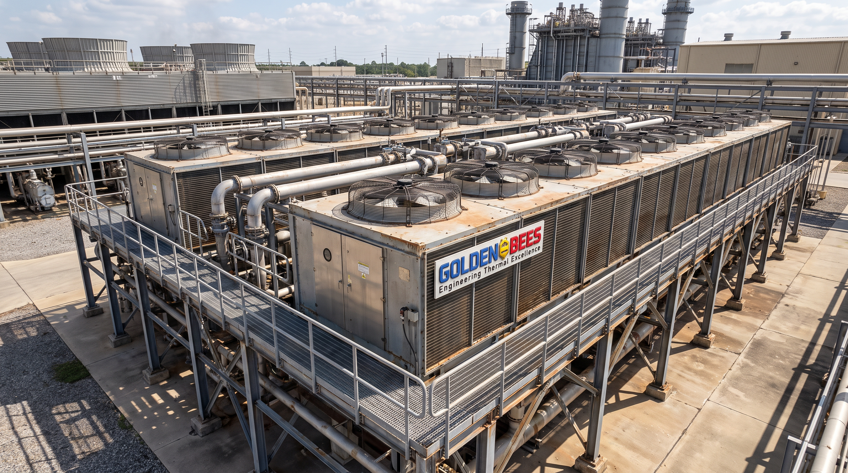 AI Design for Create a premium **ultra-photorealistic industrial photograph** for a corporate website service tile representing **Air-Cooled Condensers**.

Show a large industrial air-cooled condenser / dry cooler installation in a real-world process, power, HVAC, or industrial facility where water conservation is important. Feature realistic finned heat-exchanger coils, large axial fans, fan guards, steel support structures, headers, piping, access platforms and electrical components. The equipment should look genuinely manufactured, installed and operational — not like a CGI product render.

**Use the attached Golden Bees / GBGCC logo for branding.** Integrate the attached logo naturally and accurately on the equipment housing, structural signage, or another realistic industrial surface. Preserve the exact logo design, proportions and colors. Do not redesign, distort, duplicate excessively, or create another logo.

People should be **completely absent or extremely minimal**. If needed for scale, include only one tiny distant technician seen from behind or partially obscured, with no visible facial identity. The machinery must remain the clear visual subject.

Composition: cinematic 3/4 perspective, strong industrial scale, detailed equipment foreground, realistic facility depth, clean visual hierarchy, and subtle negative space suitable for website text overlay.

Lighting should look like an authentic professional industrial photograph — realistic daylight or facility lighting, physically accurate metal reflections, natural shadows, subtle atmospheric depth, realistic dust/weathering and small manufacturing imperfections.

Avoid excessive steam, artificial smoke, glowing effects, futuristic equipment, exaggerated reflections, perfectly sterile surfaces, dramatic fantasy lighting, floating components, generic stock-photo aesthetics, obvious CGI, or AI-generated artifacts.

**Real-camera appearance, ultra-photorealistic documentary industrial photography, technically authentic engineering environment, premium corporate aesthetic, physically accurate equipment, natural textures and imperfections.**