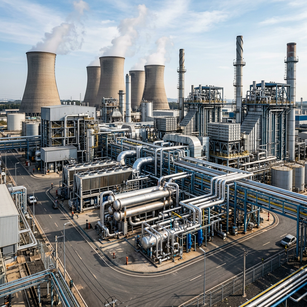 AI Design for A wide-angle, cinematic establishing shot of a massive modern industrial plant showcasing an intricate network of interconnected thermal systems. The scene features towering industrial cooling towers releasing gentle steam, precision-engineered chillers, large-scale heat exchangers, polished process piping, and advanced instrumentation under a crisp daylight sky. Captured with sharp architectural clarity, emphasizing metallic textures, complex mechanical depth, cool industrial blues, and warm metallic accents.