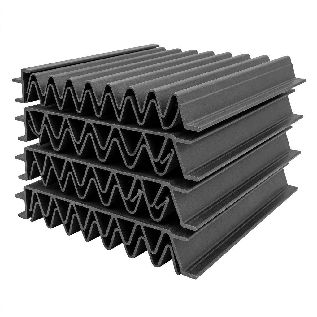 AI Design for Cut-outs need this instead of a ground: isolated on a pure white background, no shadow, no scene, no surface.

A stack of four cooling tower air inlet louvre panels laid one on another
    with their edges slightly offset so the blade profile is visible.