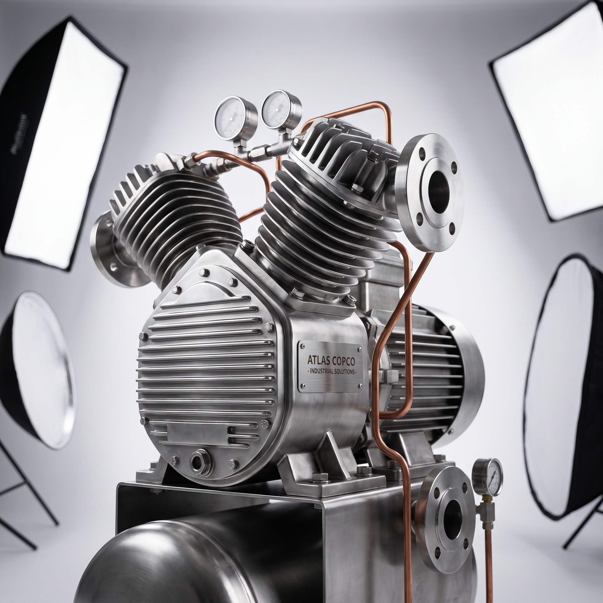 AI Design for Professional studio product photography of {{product:Compressors}}, captured with crisp industrial lighting against a clean, neutral gradient background. Focus on the intricate metallic textures, polished steel surfaces, and precision engineering details, utilizing a shallow depth of field to emphasize the structural complexity and commercial aesthetic.