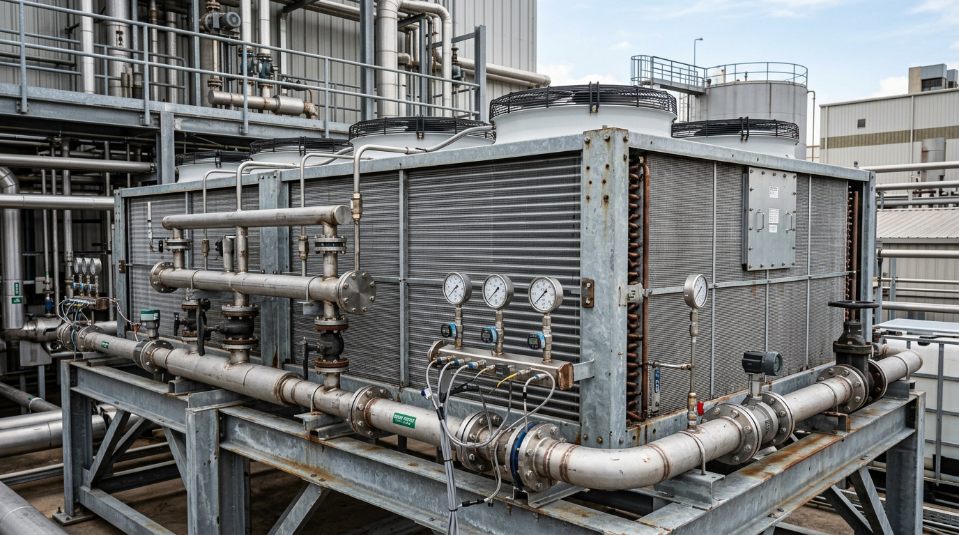 AI Design for Create a photorealistic industrial engineering photograph showing a large **air-cooled condenser / dry cooler** installed at a real industrial facility. Clearly show the complete finned heat-exchanger coil assembly, accurately arranged aluminum fins, copper or steel tube connections, axial fans, fan guards, structural steel frame, headers, valves and connected piping. Include a realistic evaporator or radiator-style heat-exchanger section where appropriate, with visible coil geometry and service access panels. Show a technically accurate performance-verification setup with pressure gauges, temperature sensors and flow instrumentation connected to the equipment, demonstrating inspection and testing rather than a generic product display. Authentic industrial setting, realistic galvanized steel and painted metal surfaces, natural daylight, subtle weathering, genuine joints, fasteners and fabrication details, documentary photography, realistic perspective and scale, premium but understated composition suitable for a corporate service webpage. No humans, no workers, no mannequins, no text, no logos, no futuristic equipment, no excessive steam or dramatic effects, no impossible piping, no CGI/plastic appearance, no artificial symmetry. The image must look like a genuine photograph taken during fabrication, installation or performance verification of professional air-cooled thermal equipment.
