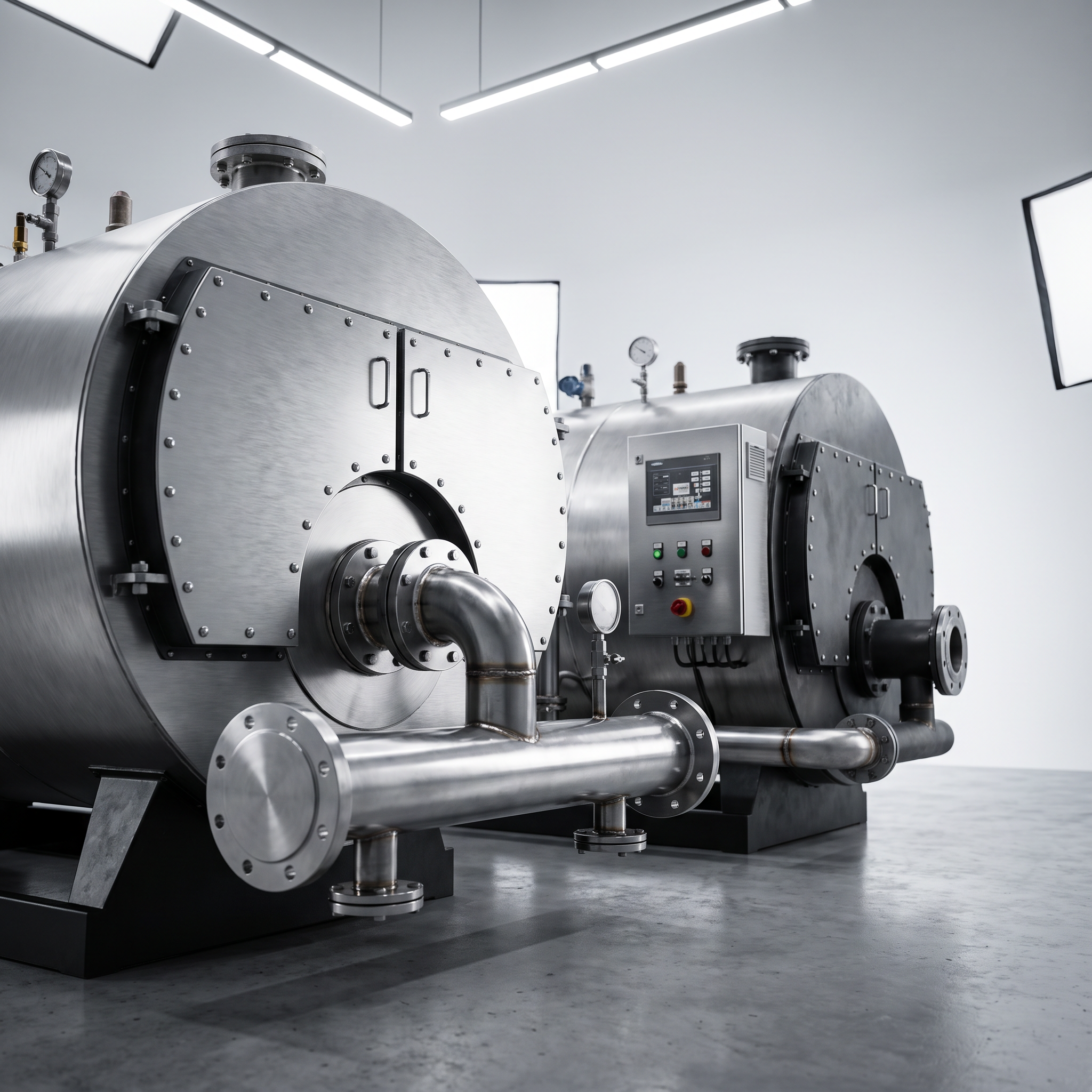 AI Design for Professional product photography of {{product:Boilers
Fire-tube and water-tube boilers for steam generation, process heating and hot water supply. Designed for reliability and long service life.
Carbon Steel
Stainless Steel
Alloy Steel}}, captured with crisp industrial lighting against a clean, neutral gradient background. Focus on the intricate metallic textures, polished steel surfaces, and precision engineering details, utilizing a shallow depth of field to emphasize the structural complexity and commercial aesthetic.