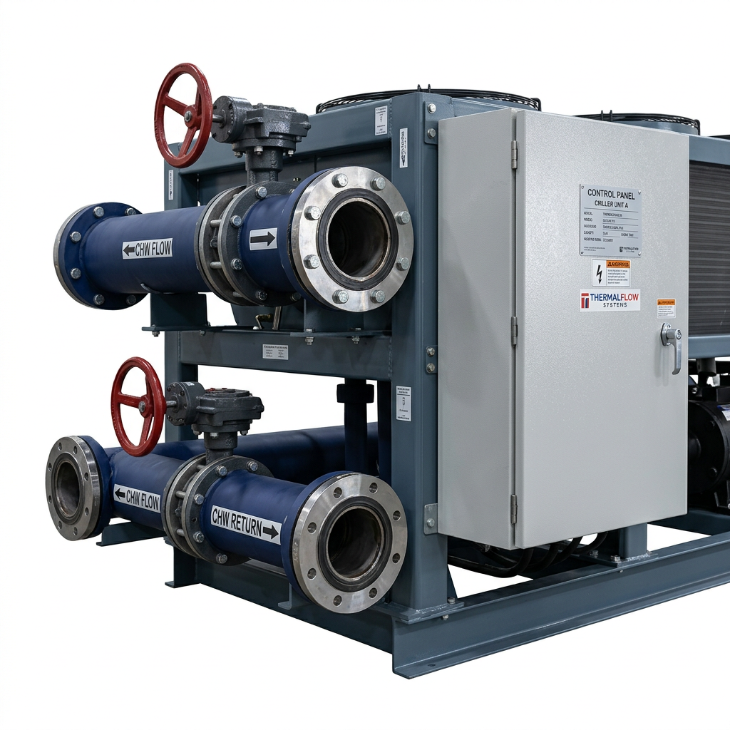 AI Design for Cut-outs need this instead of a ground: isolated on a pure white background, no shadow, no scene, no surface.

The connection end of a packaged air-cooled water chiller, showing the
    flanged chilled-water flow and return headers, isolating valves and a closed
    control panel door.