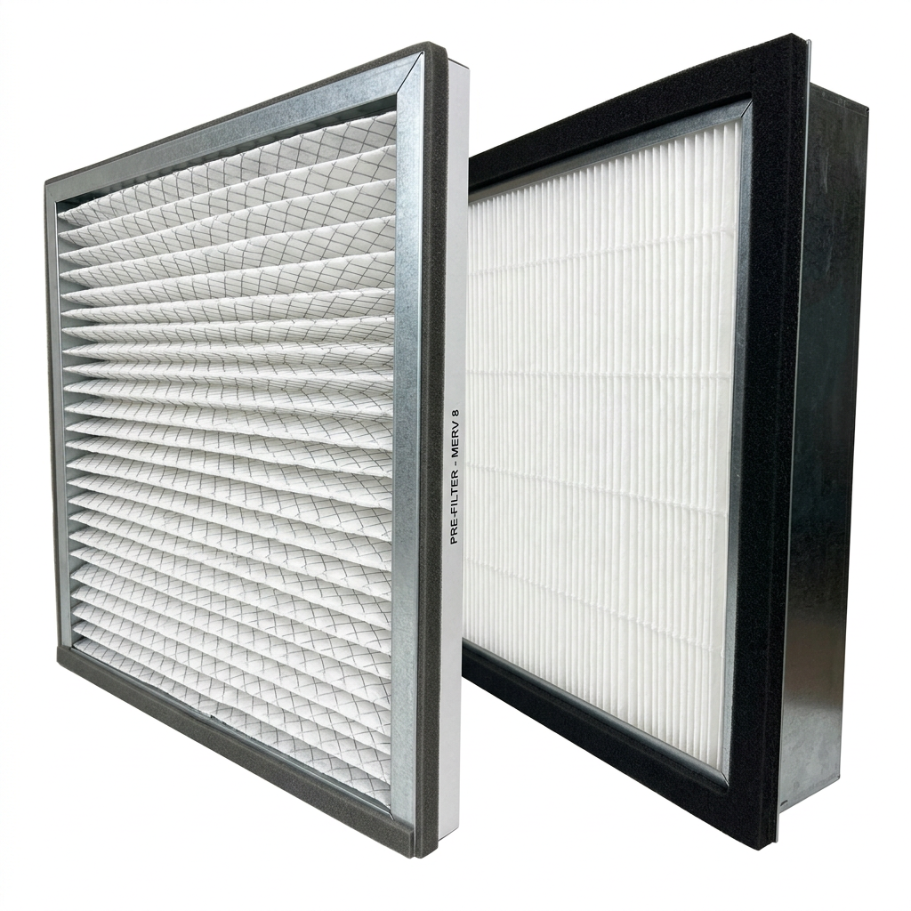 AI Design for Cut-outs need this instead of a ground: isolated on a pure white background, no shadow, no scene, no surface.

A pleated panel air filter and a deep HEPA filter cell side by side, angled
    to show the pleat depth and the sealing gasket.
