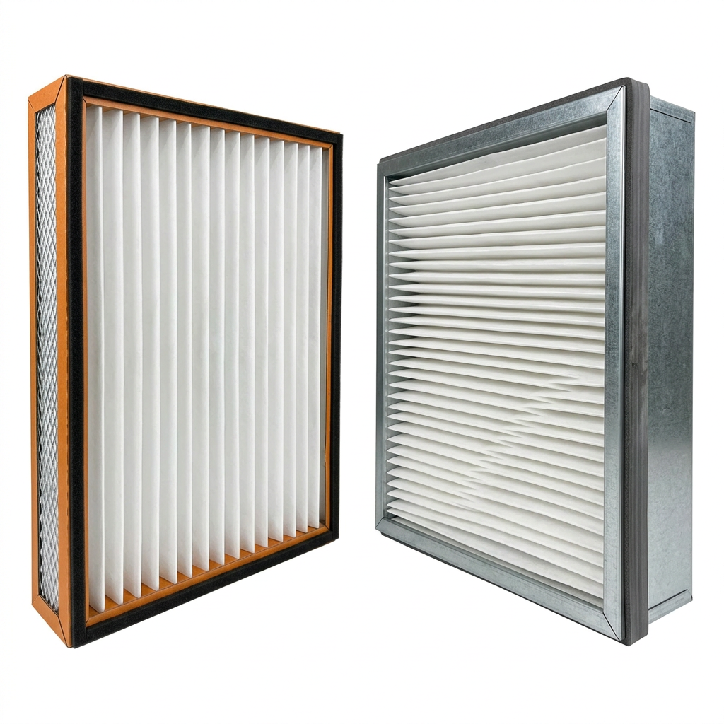 AI Design for Cut-outs need this instead of a ground: isolated on a pure white background, no shadow, no scene, no surface.

A pleated panel air filter and a deep HEPA filter cell side by side, angled
    to show the pleat depth and the sealing gasket.