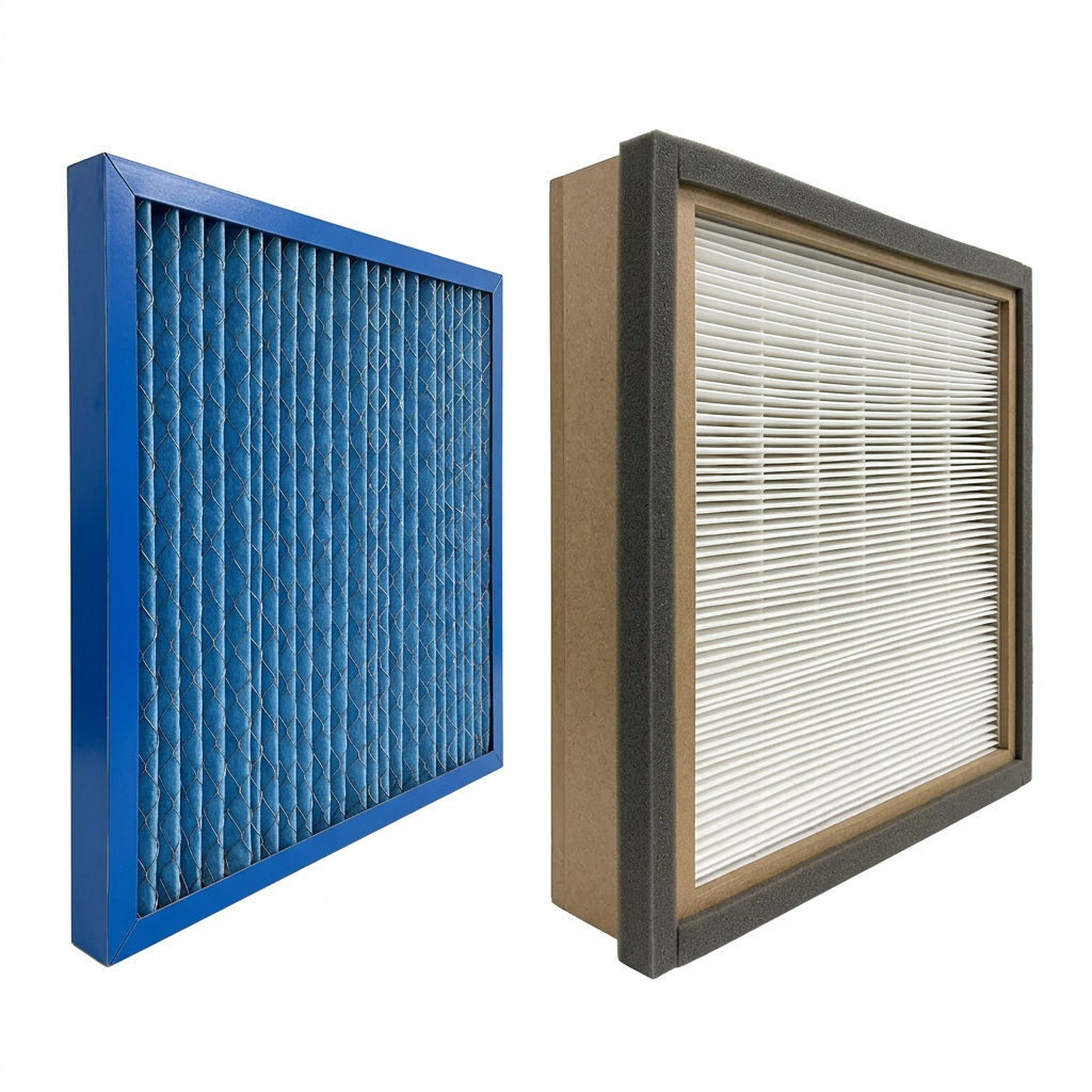 AI Design for Cut-outs need this instead of a ground: isolated on a pure white background, no shadow, no scene, no surface.

A pleated panel air filter and a deep HEPA filter cell side by side, angled
    to show the pleat depth and the sealing gasket.