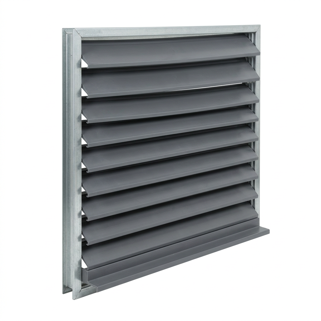 AI Design for Cut-outs need this instead of a ground: isolated on a pure white background, no shadow, no scene, no surface.

 A single cooling tower air inlet louvre panel, three-quarter view, showing
    the angled blades and the drainage lip along the lower edge. Grey PVC in a
    light metal frame.
