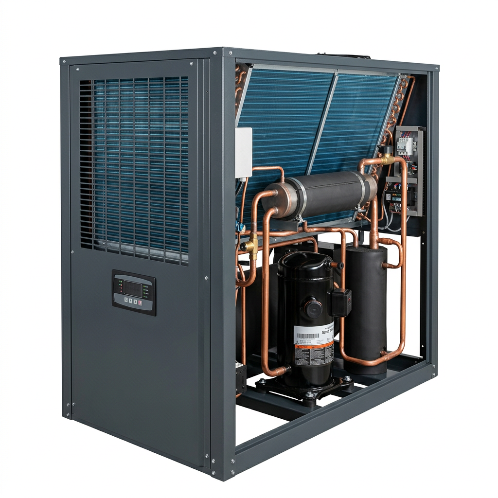 AI Design for Cut-outs need this instead of a ground: isolated on a pure white background, no shadow, no scene, no surface.

A packaged air-cooled water chiller with one side casing panel removed,
    three-quarter view, showing the scroll compressor, the shell evaporator and
    the copper refrigerant pipework inside the frame.