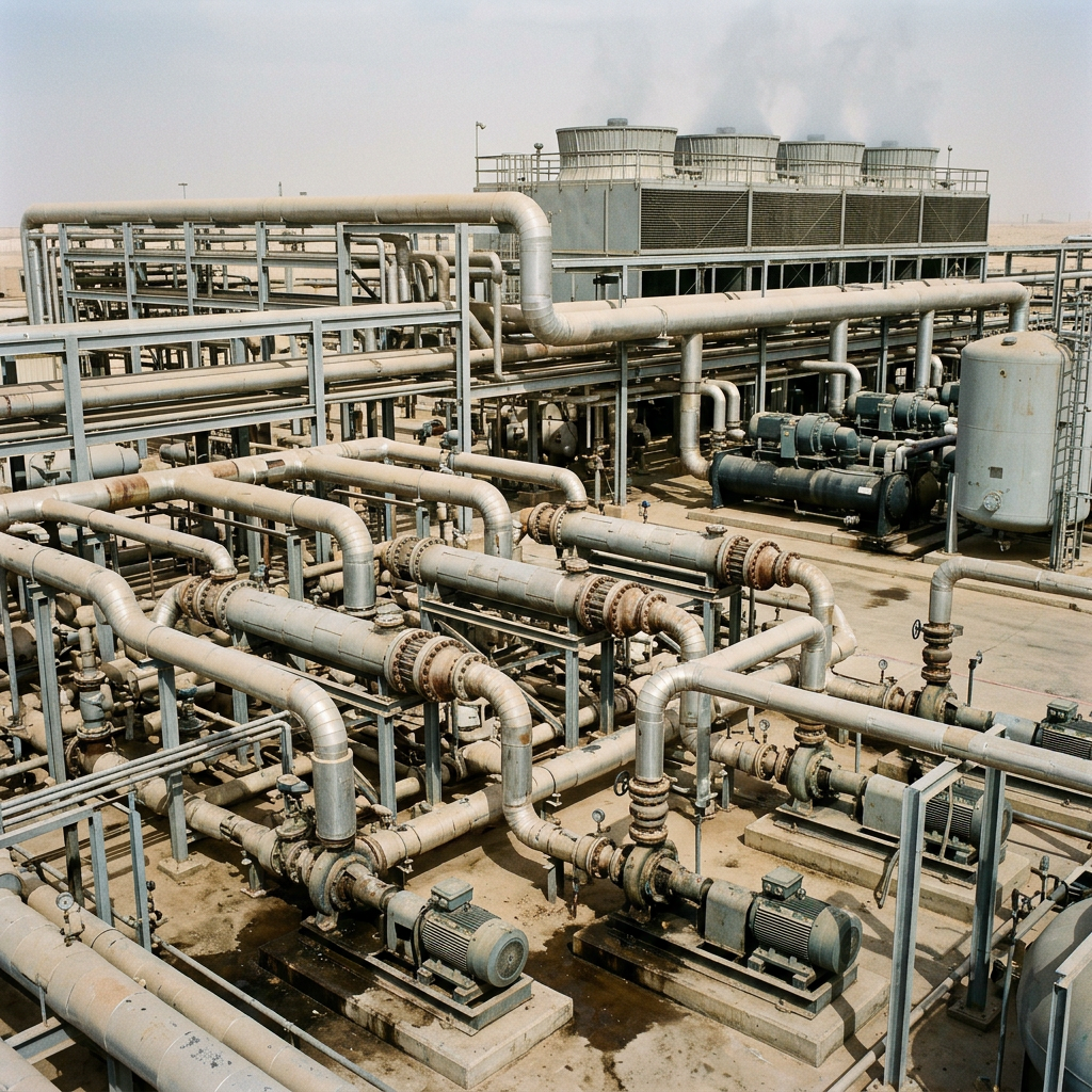 AI Design for Create a highly photorealistic documentary-style photograph of a large real industrial thermal engineering facility showing a complete interconnected heating and cooling system. Include industrial cooling towers, chillers, shell-and-tube heat exchangers, pumps, large process piping, valves, pipe racks, instrumentation and structural steel infrastructure arranged in technically accurate configurations. Wide establishing composition that communicates large-scale industrial thermal engineering and system integration. Real Saudi/Gulf-region industrial environment where naturally appropriate, with realistic dust, weathering, concrete, metal surfaces, minor stains and genuine site imperfections. Natural daylight, realistic scale, authentic materials, documentary industrial photography. No humans, no text, no logos, no CGI, no 3D-rendered appearance, no futuristic equipment, no impossible piping, no excessive cleanliness. The final image must look like a genuine photograph of a real operating industrial thermal facility.