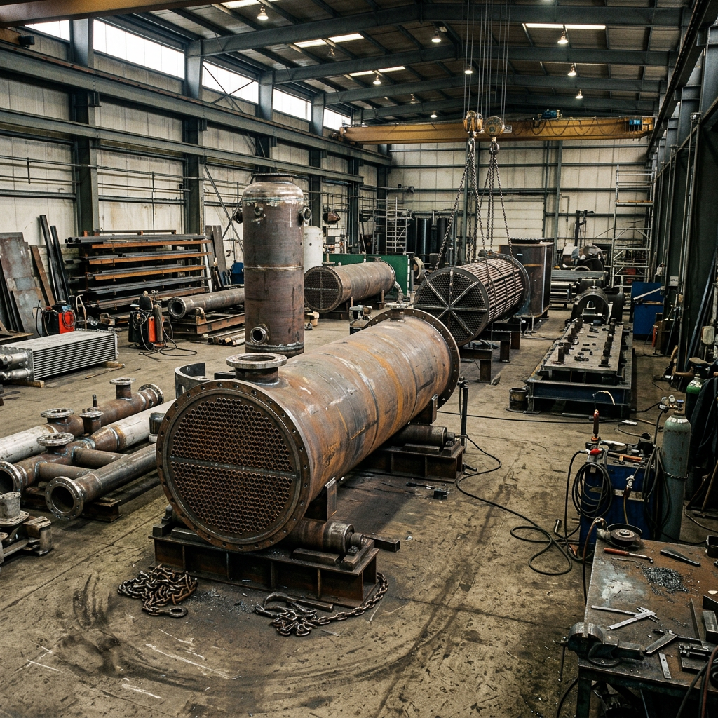 AI Design for Create a highly photorealistic documentary-style photograph inside a genuine heavy industrial fabrication workshop specializing in thermal engineering equipment. Show large shell-and-tube heat exchangers, tube bundles, fabricated steel components, industrial piping sections, cooling equipment components and mechanical assemblies at different stages of fabrication and inspection. Include realistic welding areas, fabrication fixtures, overhead cranes, organized material racks, measurement equipment and partially completed equipment. Authentic industrial floor, dust, metal shavings, weld discoloration, scratches, surface wear and naturally imperfect working conditions. Natural workshop lighting, realistic equipment scale, genuine steel and metal textures, documentary engineering photography. No humans, no workers, no text, no logos, no CGI, no 3D render, no showroom appearance, no artificial symmetry. The result must look like an authentic photograph taken inside a professional industrial fabrication facility.