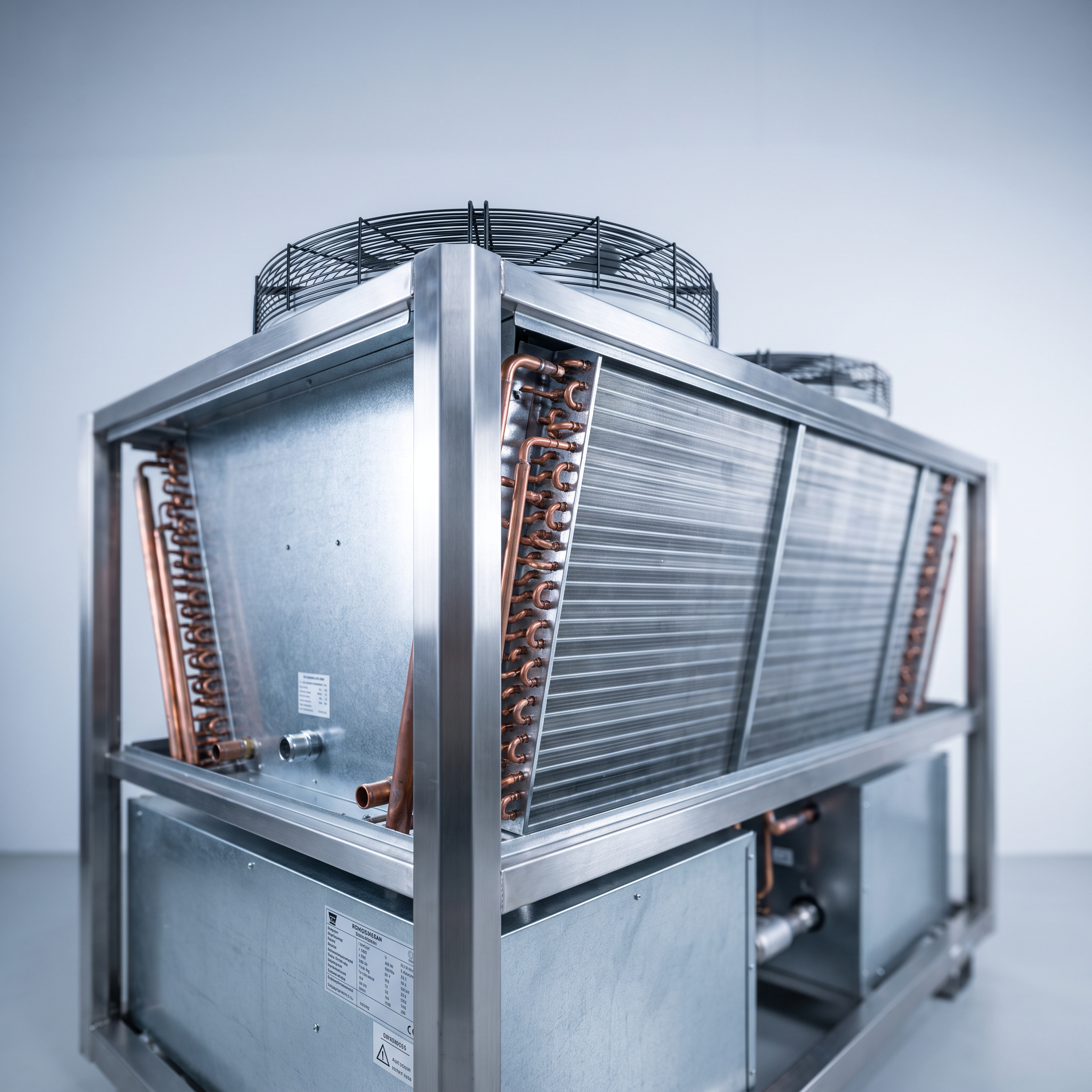 AI Design for Professional studio product photography of {{product:Dry Coolers
Dry coolers for closed-loop cooling systems where water usage must be minimised. Suitable for data centres, power plants and industrial processes.
Copper
Aluminium Fins
Galvanised Steel
Stainless Steel}}, captured with crisp industrial lighting against a clean, neutral gradient background. Focus on the intricate metallic textures, polished steel surfaces, and precision engineering details, utilizing a shallow depth of field to emphasize the structural complexity and commercial aesthetic.