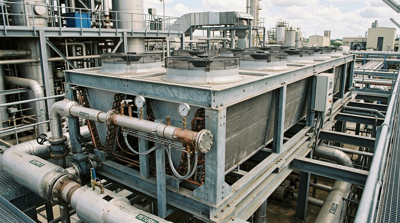 AI Design for Create a photorealistic industrial engineering photograph showing a large **air-cooled condenser / dry cooler system** installed at a real industrial facility. Clearly show accurately engineered finned-tube heat-transfer coils, multiple axial fans with protective guards, rigid steel support structure, headers, refrigerant or process piping, isolation valves and realistic instrumentation. Include adjacent radiator-style heat-transfer sections and correctly routed piping to communicate condenser, evaporator and dry-cooling applications. Show genuine fabrication details such as brazed/welded joints, tube-fin construction, bolted connections, brackets and protective coatings, with subtle natural signs of industrial use. The system should appear fully installed and undergoing realistic performance verification, with gauges and instrumentation connected in technically plausible positions. Natural daylight and ambient industrial conditions, realistic metal and aluminum textures, documentary engineering photography, accurate scale and perspective, understated premium composition suitable for a corporate service webpage. No humans, no workers, no mannequins, no text, no logos, no futuristic machinery, no exaggerated vapor or special effects, no impossible pipe routing, no excessive cleanliness, no CGI or plastic appearance, no artificial symmetry. The final image must look like an authentic photograph captured at a professional industrial cooling-equipment installation or testing site.