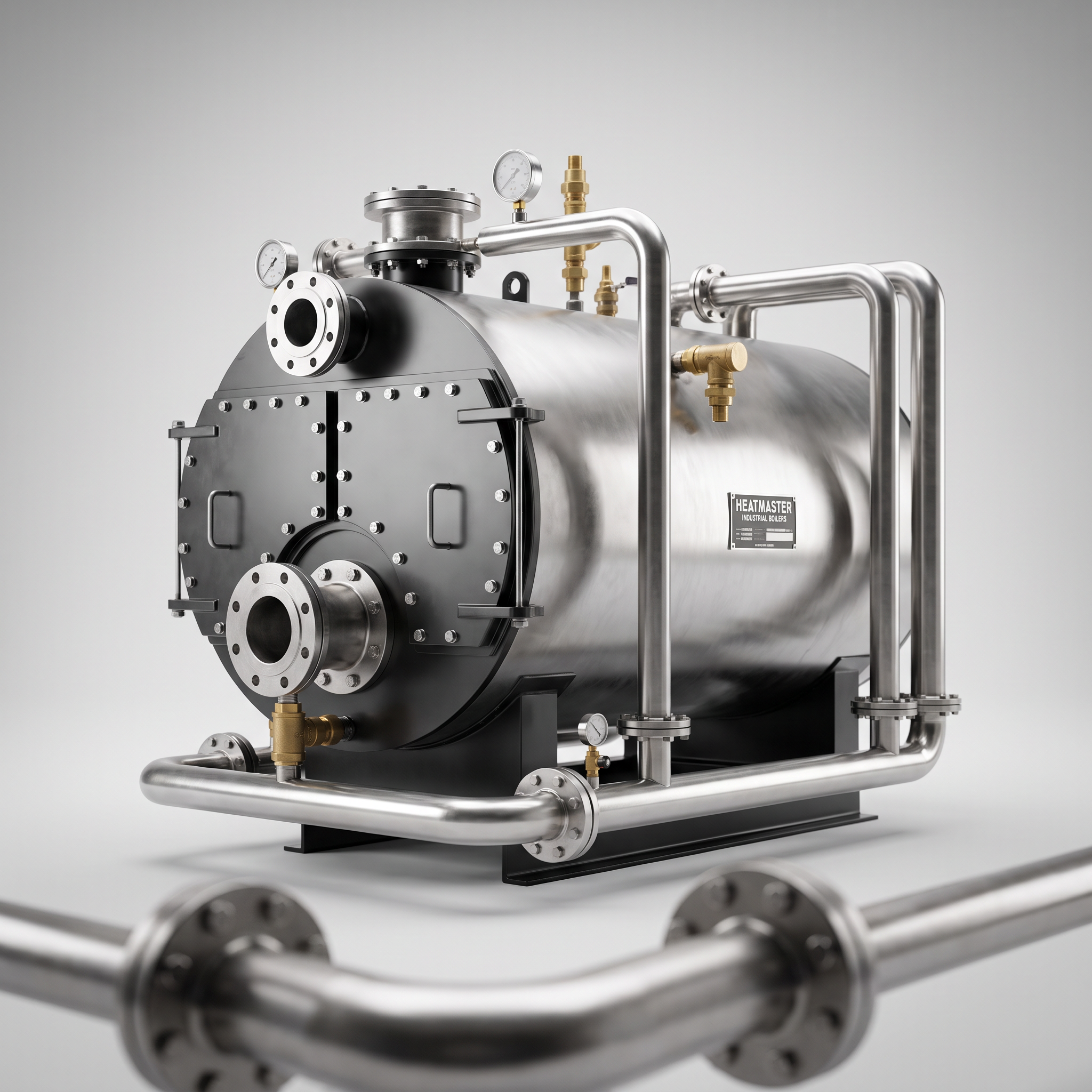 AI Design for Professional studio product photography of {{product:Boilers
Fire-tube and water-tube boilers for steam generation, process heating and hot water supply. Designed for reliability and long service life.
Carbon Steel
Stainless Steel
Alloy Steel}}, captured with crisp industrial lighting against a clean, neutral gradient background. Focus on the intricate metallic textures, polished steel surfaces, and precision engineering details, utilizing a shallow depth of field to emphasize the structural complexity and commercial aesthetic.