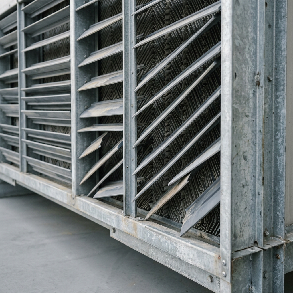 AI Design for Close three-quarter view of the air-inlet face of a crossflow cooling tower
on a plain grey studio ground, showing the angled PVC inlet louvre blades and,
visible through the gaps behind them, the vertical PVC fill pack. Shallow depth
of field, galvanised steel frame edge in shot.