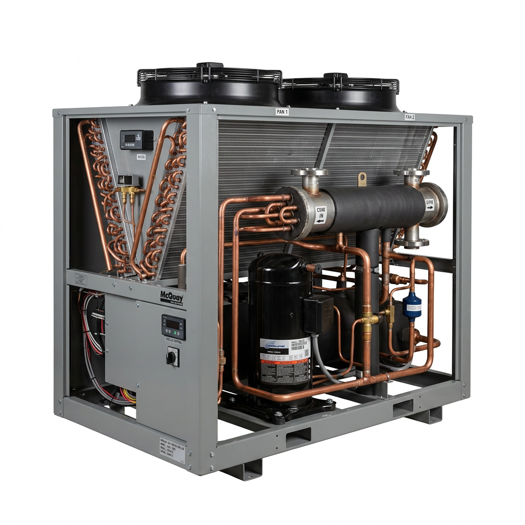 AI Design for Cut-outs need this instead of a ground: isolated on a pure white background, no shadow, no scene, no surface.

A packaged air-cooled water chiller with one side casing panel removed,
    three-quarter view, showing the scroll compressor, the shell evaporator and
    the copper refrigerant pipework inside the frame.