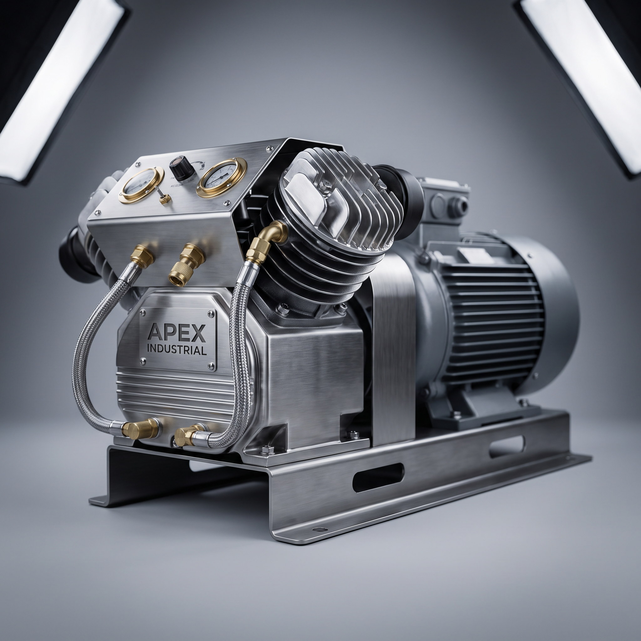 AI Design for Professional studio product photography of {{product:Compressors}}, captured with crisp industrial lighting against a clean, neutral gradient background. Focus on the intricate metallic textures, polished steel surfaces, and precision engineering details, utilizing a shallow depth of field to emphasize the structural complexity and commercial aesthetic.