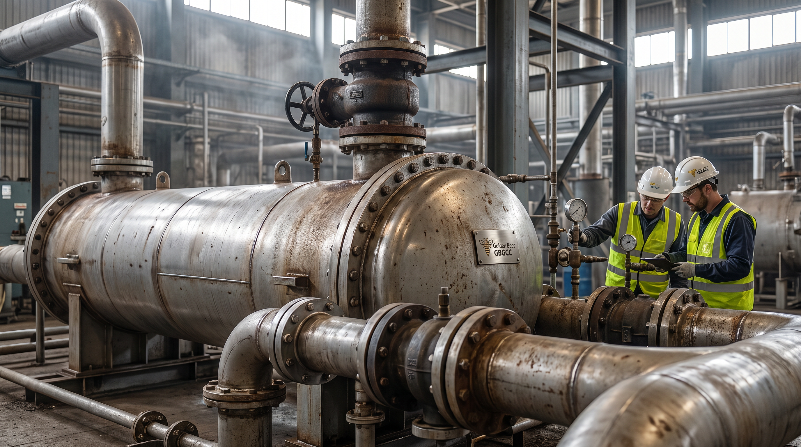 AI Design for Create a photorealistic premium industrial photograph for a corporate website service tile representing **Shell & Tube Heat Exchanger**.

Show a large industrial shell-and-tube heat exchanger installed inside a real heavy industrial process facility, with realistic stainless-steel/carbon-steel construction, connected piping, valves, flanges and structural supports. Include subtle evidence of engineers/technicians inspecting the equipment in the background to communicate real engineering and field expertise.

Composition: cinematic 3/4 perspective, equipment as the clear visual focal point, realistic industrial depth, clean negative space suitable for website overlay text, sophisticated commercial photography.

Integrate the attached **Golden Bees / GBGCC logo** naturally as subtle professional branding on the equipment or engineer PPE/signage. Do not redesign, distort, repeat, or prominently display the logo.

Lighting should feel like an authentic high-end industrial photograph: realistic metal reflections, natural shadows, controlled contrast, slightly atmospheric environment, physically accurate materials and proportions.

No futuristic machinery, no exaggerated glow, no fantasy environment, no floating components, no excessive lens effects, no artificial-looking CGI surfaces, no generic stock-photo appearance, no visible AI artifacts.

**Ultra-photorealistic, documentary industrial photography, technically authentic, premium engineering company aesthetic, highly detailed, natural imperfections, realistic textures, real-camera look.**