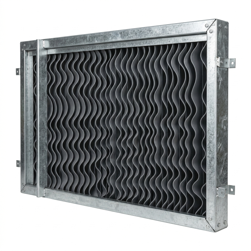 AI Design for Cut-outs need this instead of a ground: isolated on a pure white background, no shadow, no scene, no surface.

A rectangular framed drift eliminator panel in a galvanised steel frame,
    viewed at a slight angle, with the wave-profile PVC blades set inside it.