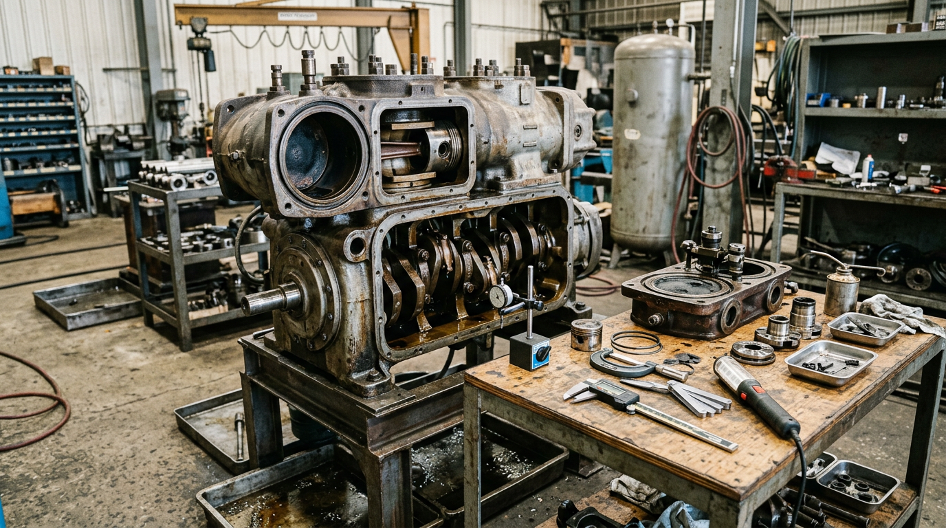 AI Design for Create a highly photorealistic **documentary-style industrial engineering photograph** showing a large **industrial reciprocating compressor during the inspection stage of a professional overhaul** inside a real compressor maintenance workshop.
The compressor should be safely shut down and partially disassembled, with the cylinder head and selected inspection covers removed to reveal accurately engineered internal components such as valves, piston assembly, connecting rod and crankcase areas. Show the removed components carefully placed on a clean but realistically used inspection bench beside the compressor. Include technically appropriate precision inspection equipment such as a vernier caliper, micrometer, dial indicator, feeler gauges and inspection lighting, positioned naturally as part of the inspection process. Components should show realistic signs of service wear, including light oil residue, minor surface discoloration, machining marks and normal industrial use.
The workshop must look like a **genuine compressor overhaul facility**, with concrete or industrial flooring, overhead lifting equipment, maintenance stands, organized tool storage, component racks, hoses, drip trays and subtle traces of oil and grease. Include realistic imperfections such as small scratches, dust, worn floor markings and slightly weathered surfaces. The environment should be professionally maintained but clearly used for heavy mechanical maintenance—not a spotless showroom.
The compressor must be the dominant subject, photographed at approximately eye level with a natural industrial camera perspective. Use realistic workshop lighting, authentic metal textures, physically accurate proportions, natural shadows and reflections, and subtle depth of field. The image should resemble a genuine photograph taken during a compressor inspection for overhaul—not a marketing render.
**Technical accuracy is critical:** show a believable industrial reciprocating compressor with mechanically correct components and realistic disassembly. Inspection instruments must be appropriate for dimensional and condition assessment. Do not combine reciprocating, screw and centrifugal compressor components into one machine.
**Strict requirements:** no humans, no workers, no mannequins, no hands, no text, no logos, no brand names, no readable labels, no futuristic equipment, no impossible mechanical assemblies, no floating components, no excessive cleanliness, no dramatic cinematic effects, no artificial symmetry, no perfect showroom environment, no CGI, no 3D-rendered appearance.
The final image must look like an **authentic industrial maintenance photograph documenting the inspection stage of a compressor overhaul**, with realistic equipment, realistic wear and genuinely believable workshop conditions.
