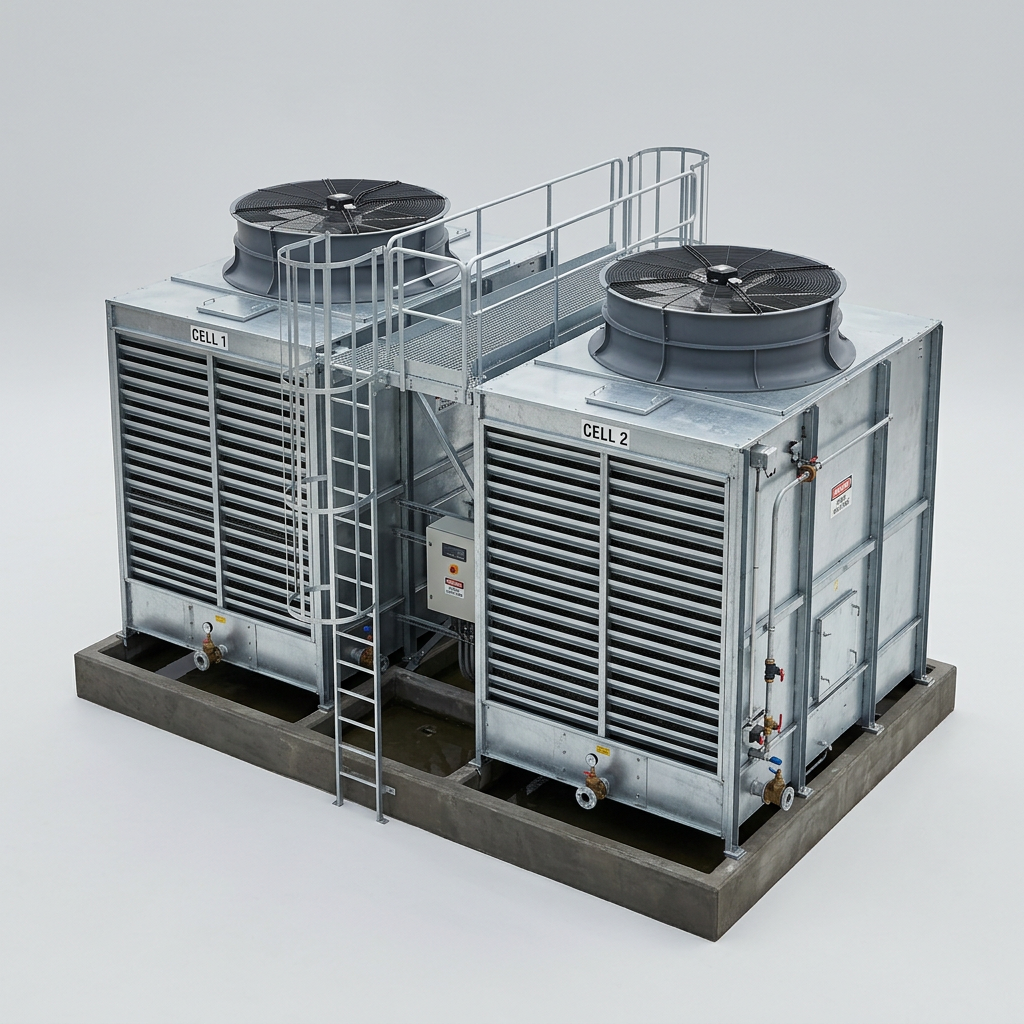 AI Design for A two-cell CROSSFLOW cooling tower assembly on a plain light-grey seamless
studio ground, viewed from a slightly raised three-quarter angle. Two matching
cells side by side sharing a common basin, each with its own roof fan cowl and
louvred side inlets, with a walkway and handrail running between the two roof
decks.