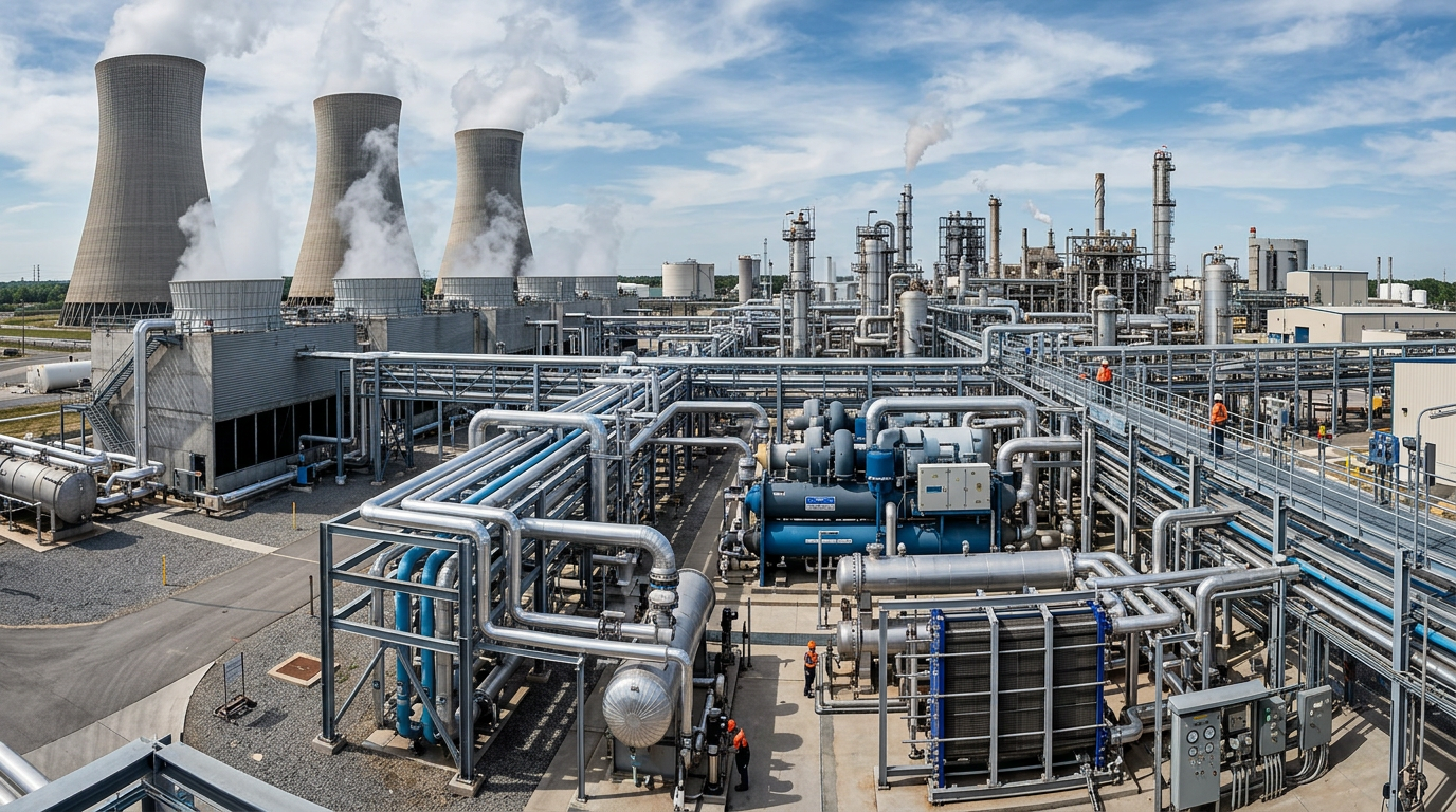 AI Design for A wide-angle, cinematic establishing shot of a massive modern industrial plant showcasing an intricate network of interconnected thermal systems. The scene features towering industrial cooling towers releasing gentle steam, precision-engineered chillers, large-scale heat exchangers, polished process piping, and advanced instrumentation under a crisp daylight sky. Captured with sharp architectural clarity, emphasizing metallic textures, complex mechanical depth, cool industrial blues, and warm metallic accents.