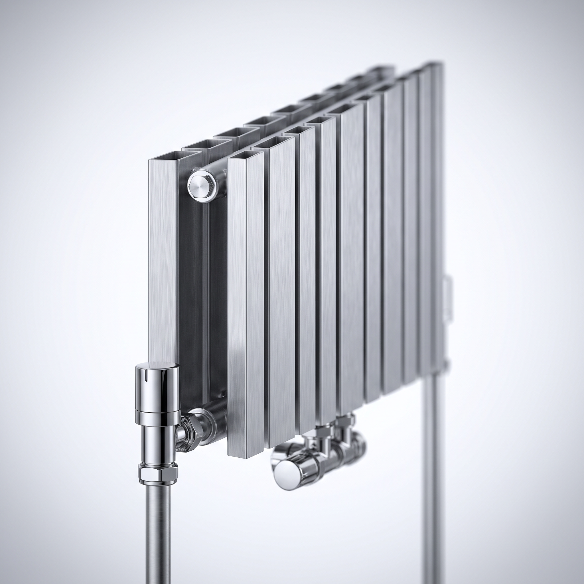 AI Design for Professional studio product photography of a {{product:Radiators}}, captured with crisp industrial lighting against a clean, neutral gradient background. Focus on the intricate metallic textures, polished steel surfaces, and precision engineering details, utilizing a shallow depth of field to emphasize the structural complexity. High-resolution, sharp focus, commercial aesthetic suitable for a technical catalog or website hero banner.
