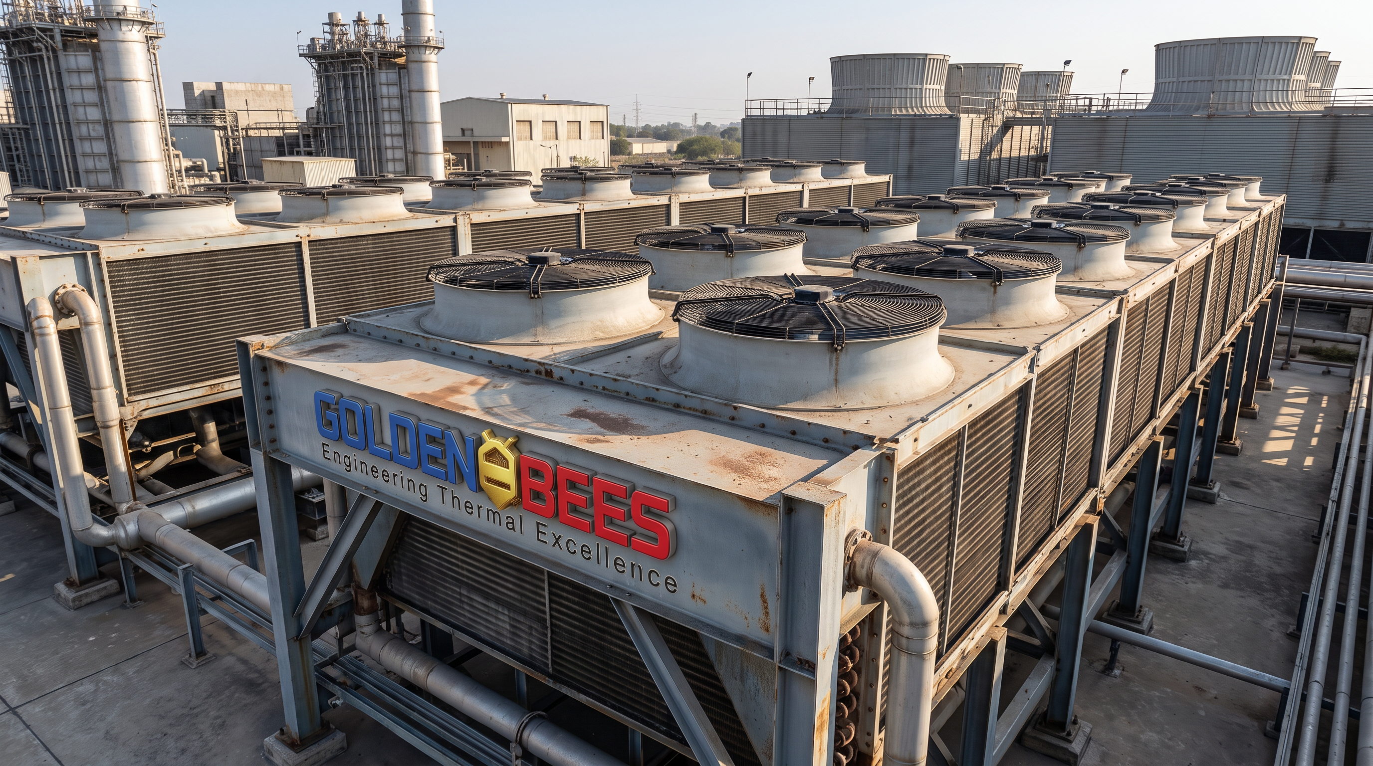 AI Design for Create a premium **ultra-photorealistic industrial photograph** for a corporate website service tile representing **Air-Cooled Condensers**.

Show a large industrial air-cooled condenser / dry cooler installation in a real-world process, power, HVAC, or industrial facility where water conservation is important. Feature realistic finned heat-exchanger coils, large axial fans, fan guards, steel support structures, headers, piping, access platforms and electrical components. The equipment should look genuinely manufactured, installed and operational — not like a CGI product render.

**Use the attached Golden Bees / GBGCC logo for branding.** Integrate the attached logo naturally and accurately on the equipment housing, structural signage, or another realistic industrial surface. Preserve the exact logo design, proportions and colors. Do not redesign, distort, duplicate excessively, or create another logo.

People should be **completely absent or extremely minimal**. If needed for scale, include only one tiny distant technician seen from behind or partially obscured, with no visible facial identity. The machinery must remain the clear visual subject.

Composition: cinematic 3/4 perspective, strong industrial scale, detailed equipment foreground, realistic facility depth, clean visual hierarchy, and subtle negative space suitable for website text overlay.

Lighting should look like an authentic professional industrial photograph — realistic daylight or facility lighting, physically accurate metal reflections, natural shadows, subtle atmospheric depth, realistic dust/weathering and small manufacturing imperfections.

Avoid excessive steam, artificial smoke, glowing effects, futuristic equipment, exaggerated reflections, perfectly sterile surfaces, dramatic fantasy lighting, floating components, generic stock-photo aesthetics, obvious CGI, or AI-generated artifacts.

**Real-camera appearance, ultra-photorealistic documentary industrial photography, technically authentic engineering environment, premium corporate aesthetic, physically accurate equipment, natural textures and imperfections.**